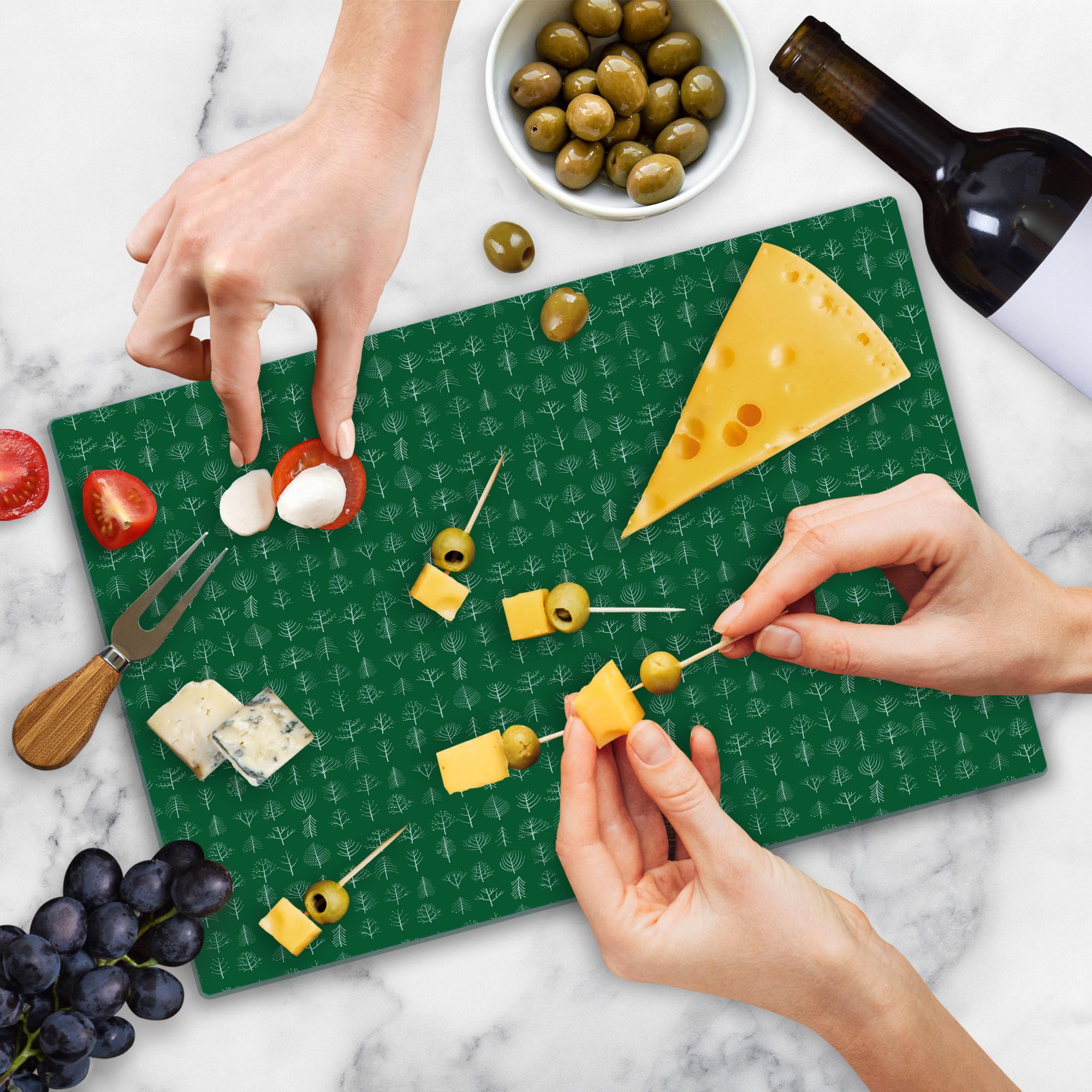 Ambesonne Forest Themed Tempered Glass Cutting Board - Doodle Tree & Leaf Herbs Pattern - Nature Inspired Birch, Ash, Maple, Aspen, Larch, Oak, Poplar Design - Large Decorative Serving Board in Green & White - Perfect for Kitchen Prep, Charcuterie Display & Holiday Entertaining