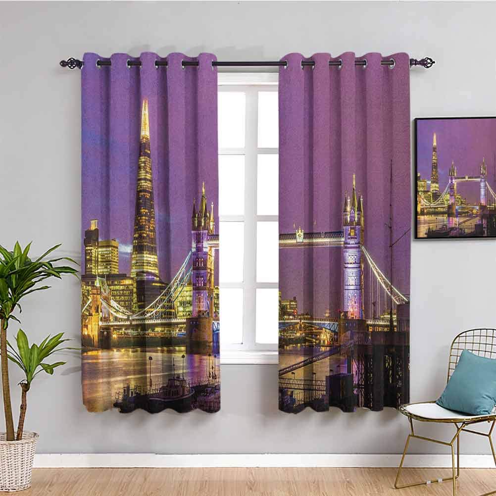 London Thermal Insulated Blackout Curtains 55x39 Inches - Purple & Yellow Room Darkening Window Drapes for Living Room & Bedroom | Energy Saving, Noise Reduction & Light Blocking for Better Sleep