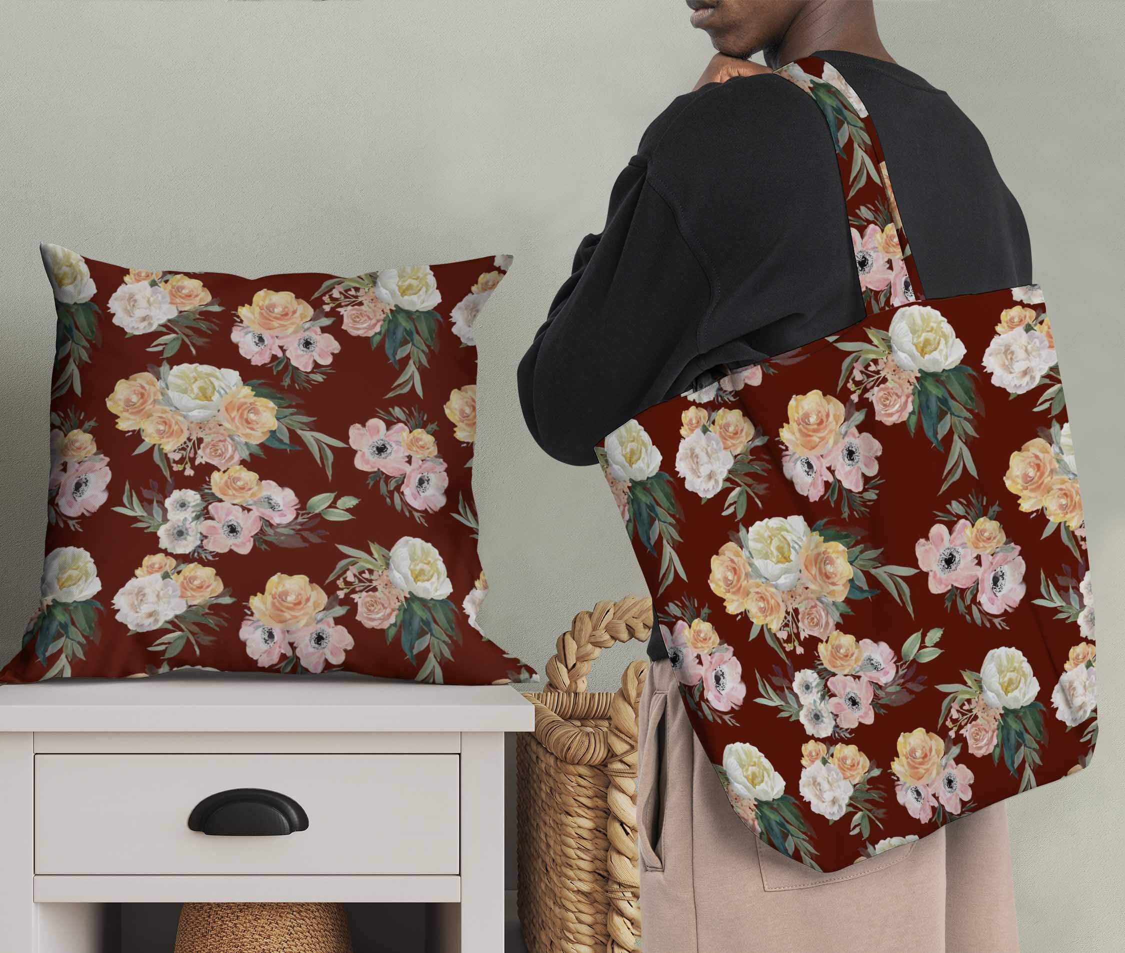 Soimoi Moss Georgette Red Fabric by The Yard - 42 Inch Wide Floral Printed Fabric with Anemone & Begonia Design - Lightweight Drapeable Material for Dresses, Scarves, Curtains and DIY Fashion Projects