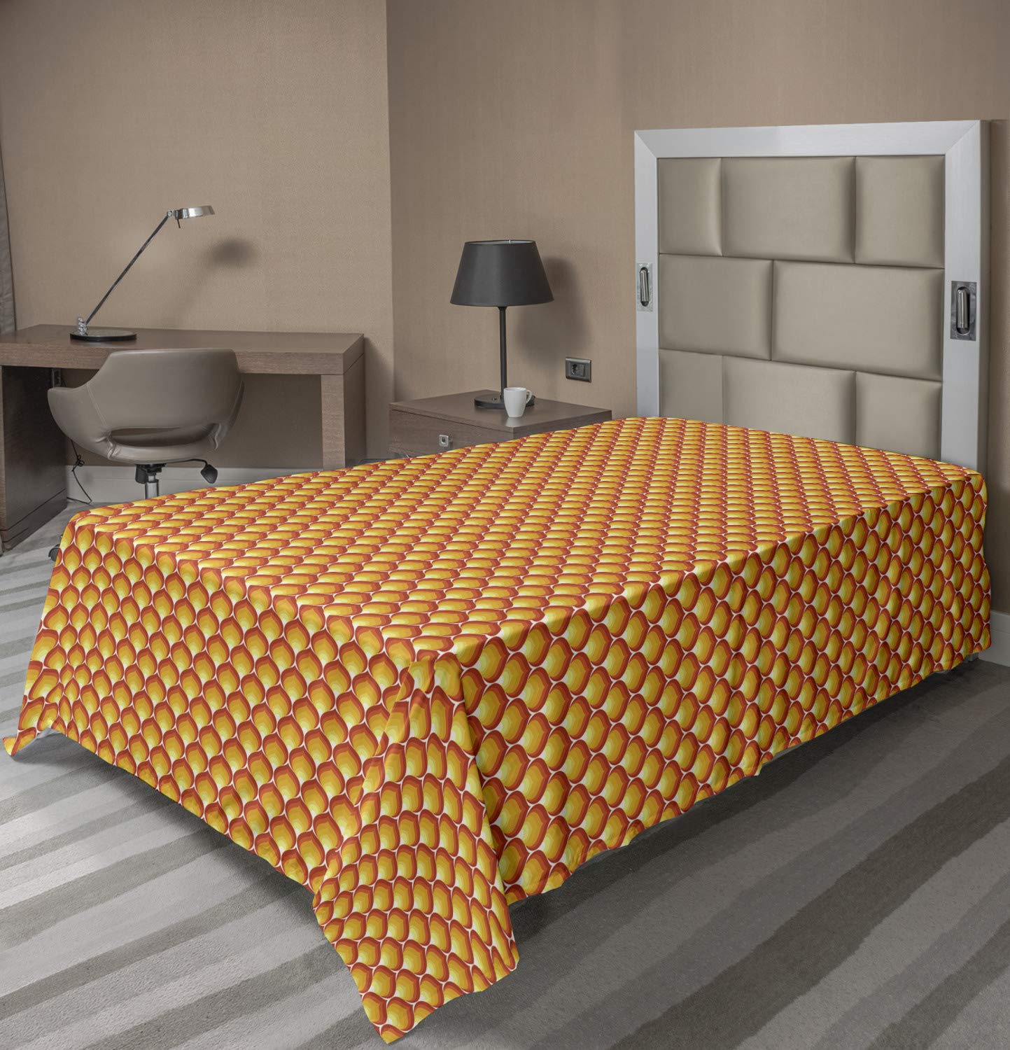 Ambesonne Abstract Art Deco Flat Sheet - TwinXL Size in Vermilion & Mustard Tones | Soft, Comfortable Decorative Bedding for Modern Bedrooms | Perfect for Guest Rooms, Dorms & Home Decor