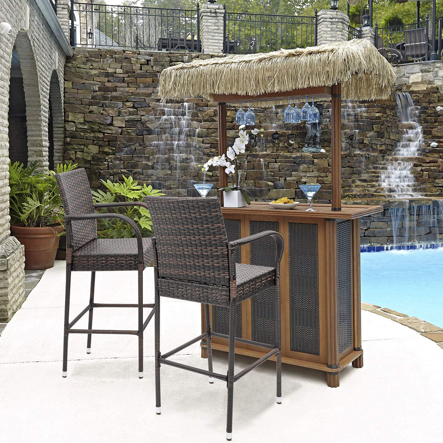Homall 2-Pack Brown Wicker Bar Stools with Footrest & Armrest - Indoor Outdoor Patio Furniture for Garden, Pool, Lawn, Backyard - Perfect for Entertaining, Dining & Relaxing