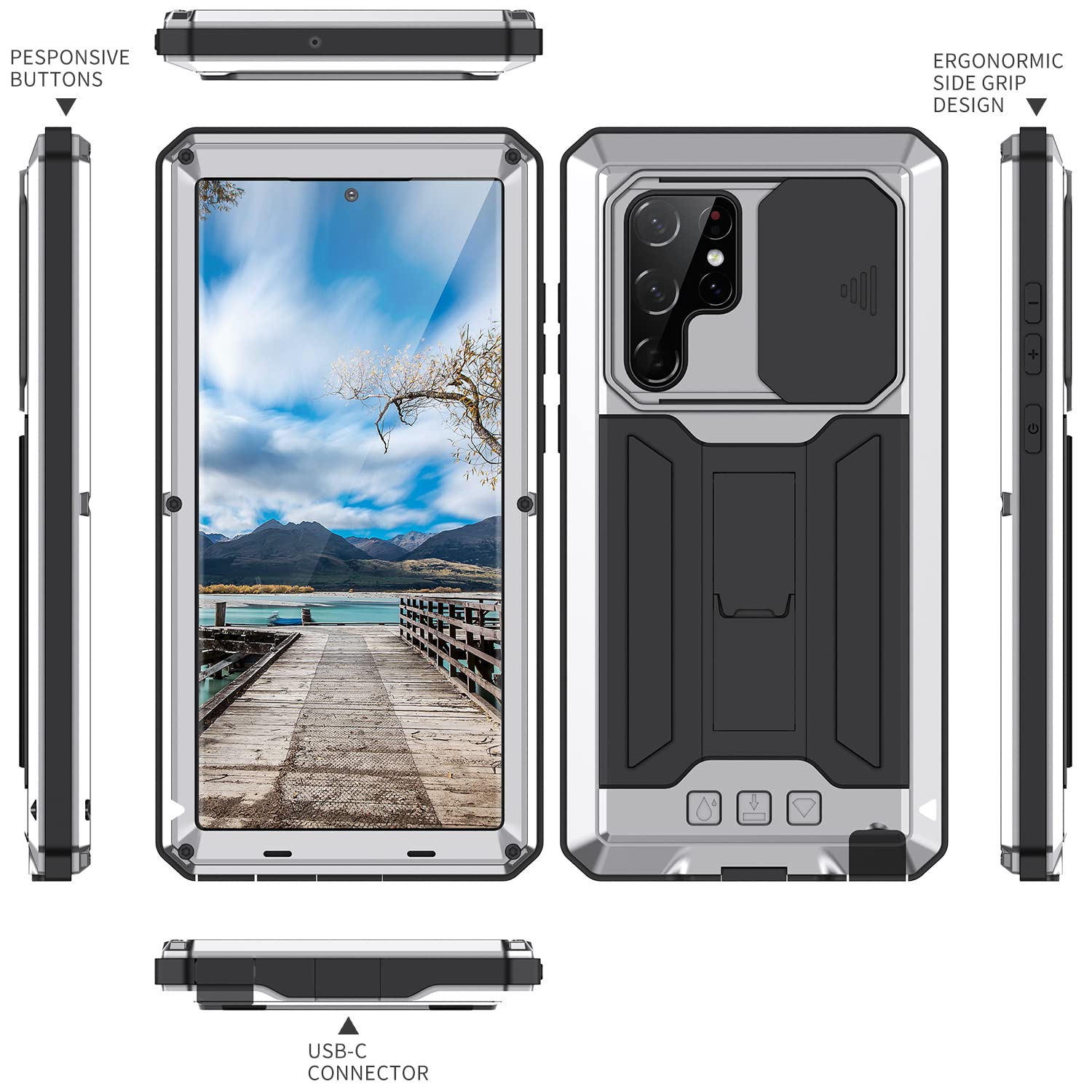 Samsung Galaxy S22 Heavy Duty Rugged Case with Built-in Screen Protector & Slide Camera Cover - Military Grade Shockproof Waterproof Phone Cover for Men, Outdoor Activities, Travel & Adventure (Silver)