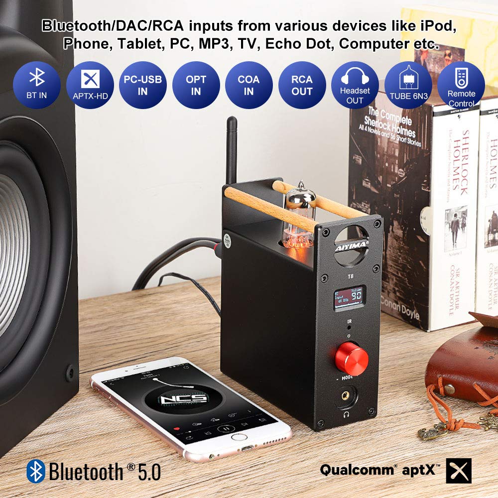 AIYIMA T8 6N3 Tube Preamplifier with Bluetooth 5.0, Hi-Fi Headphone Amp, USB DAC, APTX HD - Wireless Audio Receiver for Home Stereo System, PC & Turntable (Includes Remote Control) - Perfect for Vinyl Enthusiasts & Audiophiles