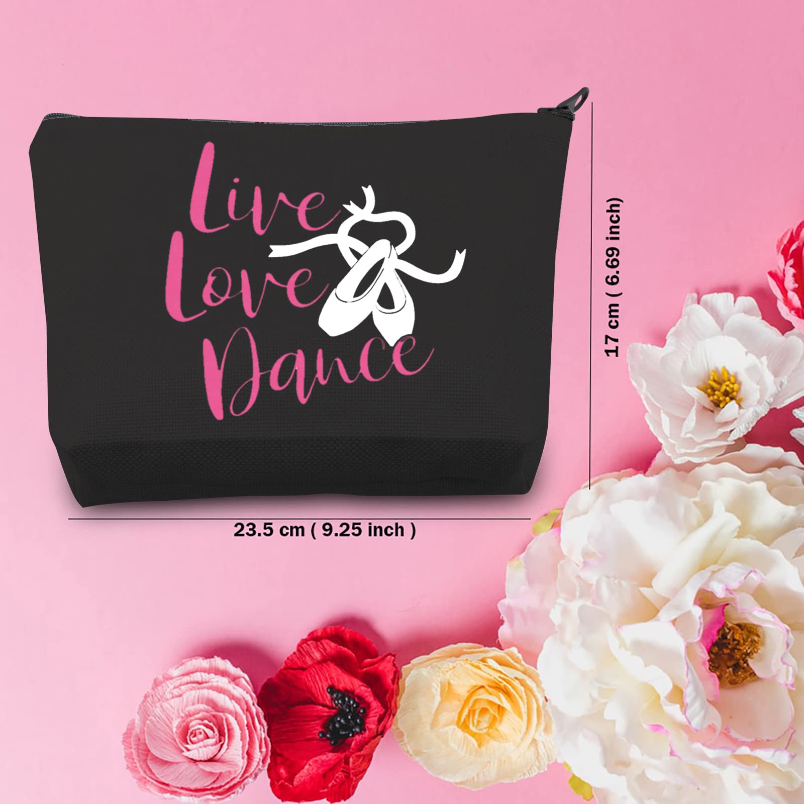 TSOTMO Live Love Dance Makeup Bag - Dancer Cosmetic Pouch & Teacher Gift - Travel Makeup Case (Black) - Perfect for Dance Recitals, Backstage Essentials & Ballet Class Accessories