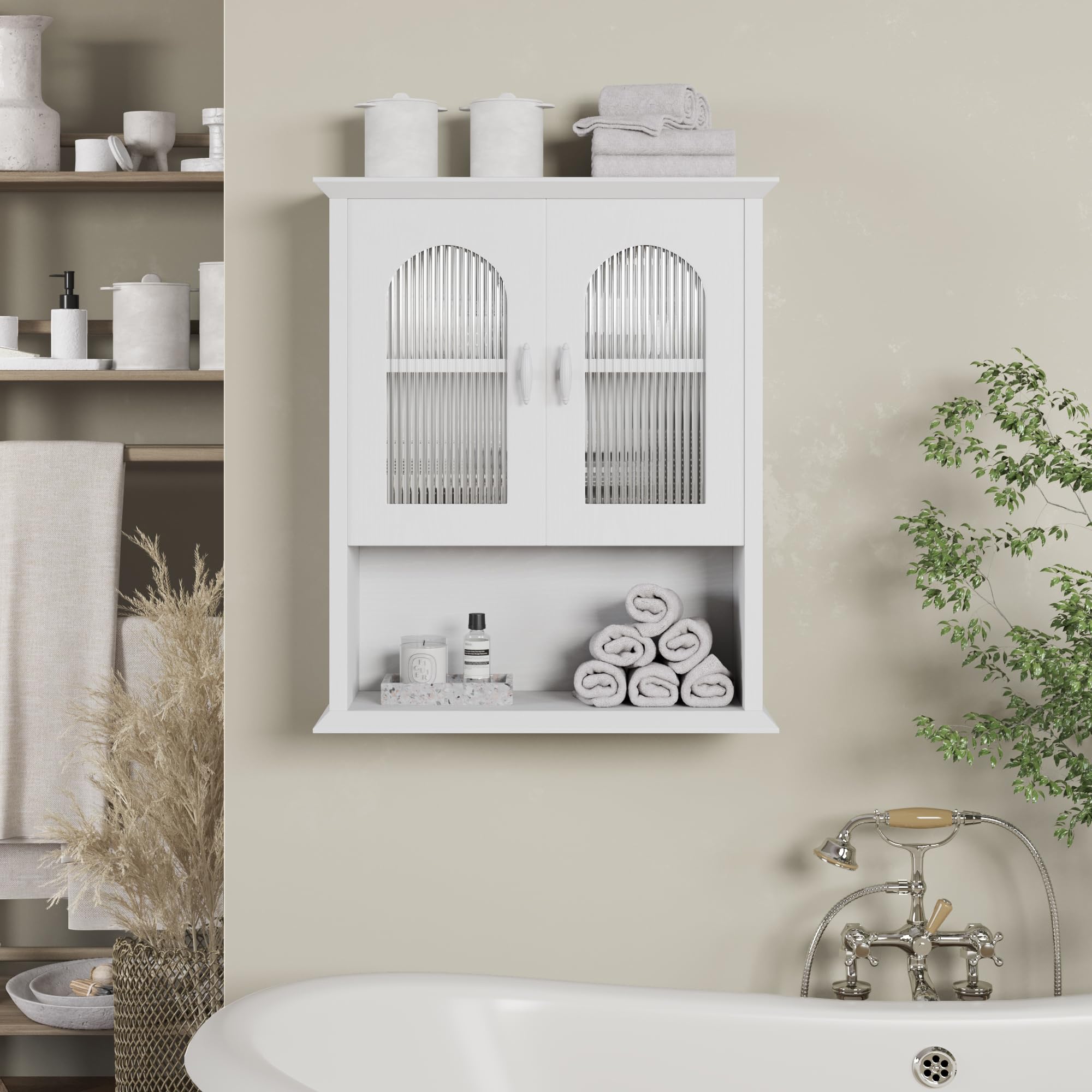 18.9'' x 23.6'' White Fluted Door Bathroom Wall Cabinet - Over The Toilet Medicine Storage Cabinet for Bathroom Organization | Perfect for Small Spaces, Apartments & Modern Bathrooms