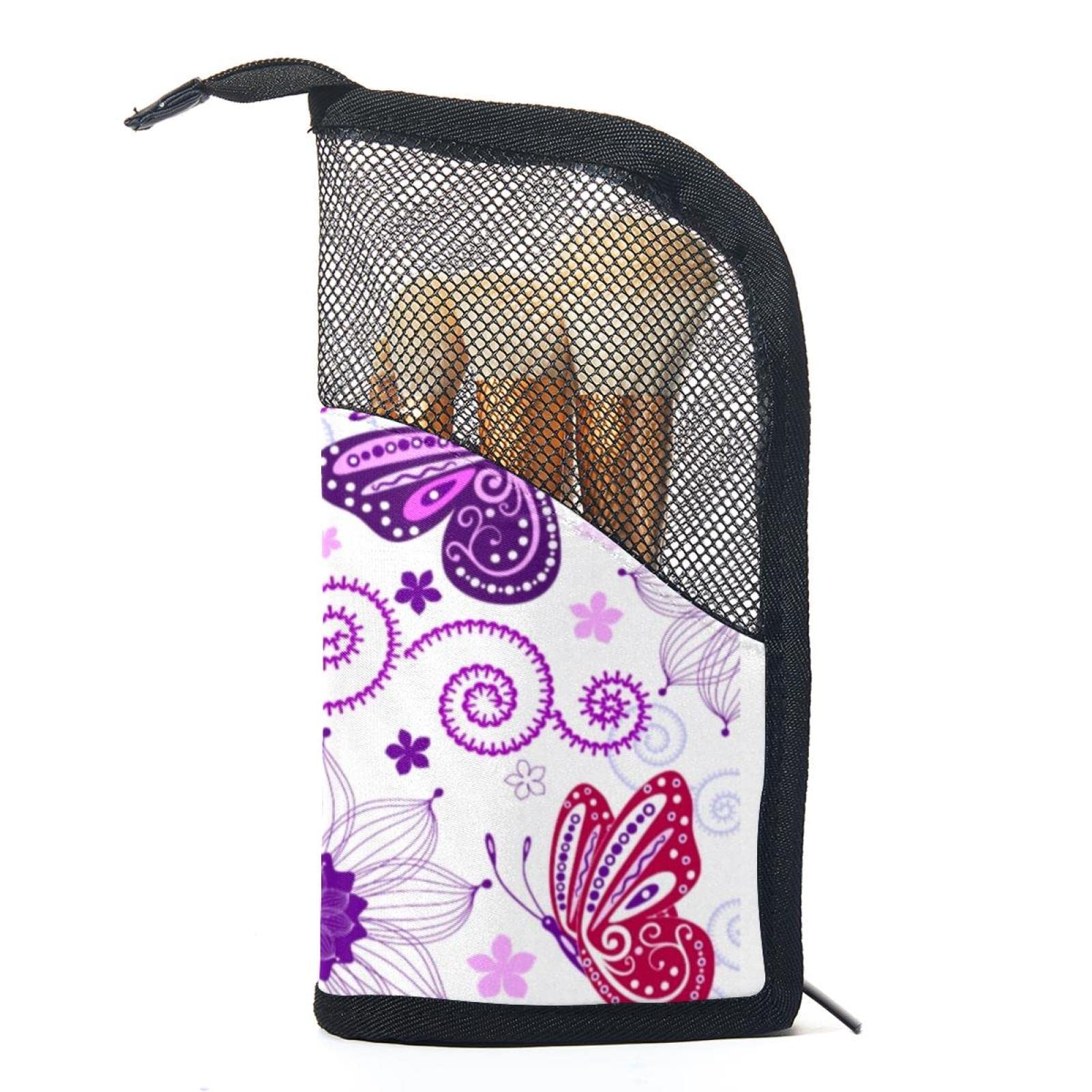 **12-Piece Makeup Brush Organizer Bag with Purple Flower Butterfly Design - Portable Travel Cosmetic Brush Holder Case for Professional & Home Use**