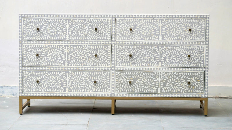 Handmade Bone Inlay Grey Scroll Vine 6-Drawer Chest - Indian Furniture for Bedroom, Living Room & Office Storage