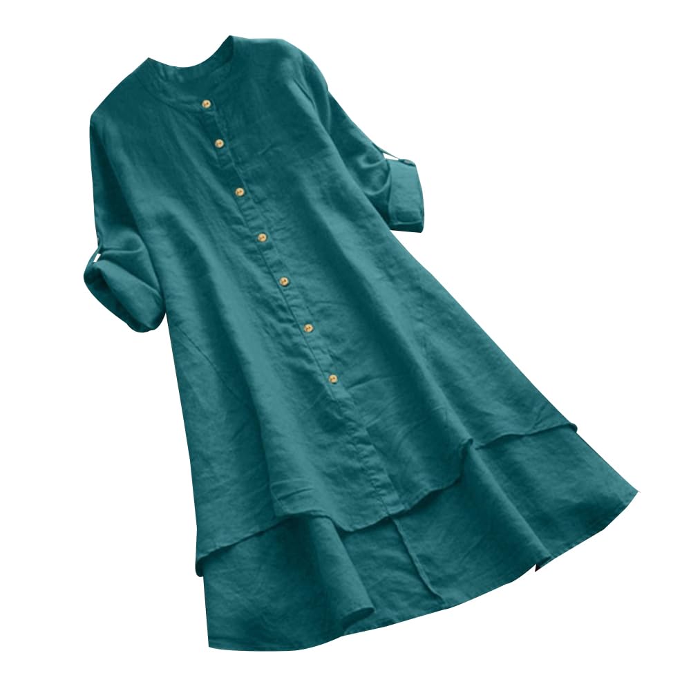 Women's Linen 3/4 Sleeve Button-Up Dress - Solid Color Flowy Cotton Tunic Top for Summer 2024 | Casual Outfit, Beach Cover-Up & Boho Chic Style