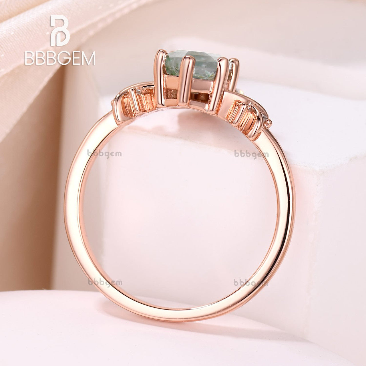 Unique Vintage 14K Rose Gold Hexagon Cut Moss Agate Engagement Ring with Diamond & Emerald Accents - Perfect for Romantic Proposals, Anniversary Gifts & Special Occasions