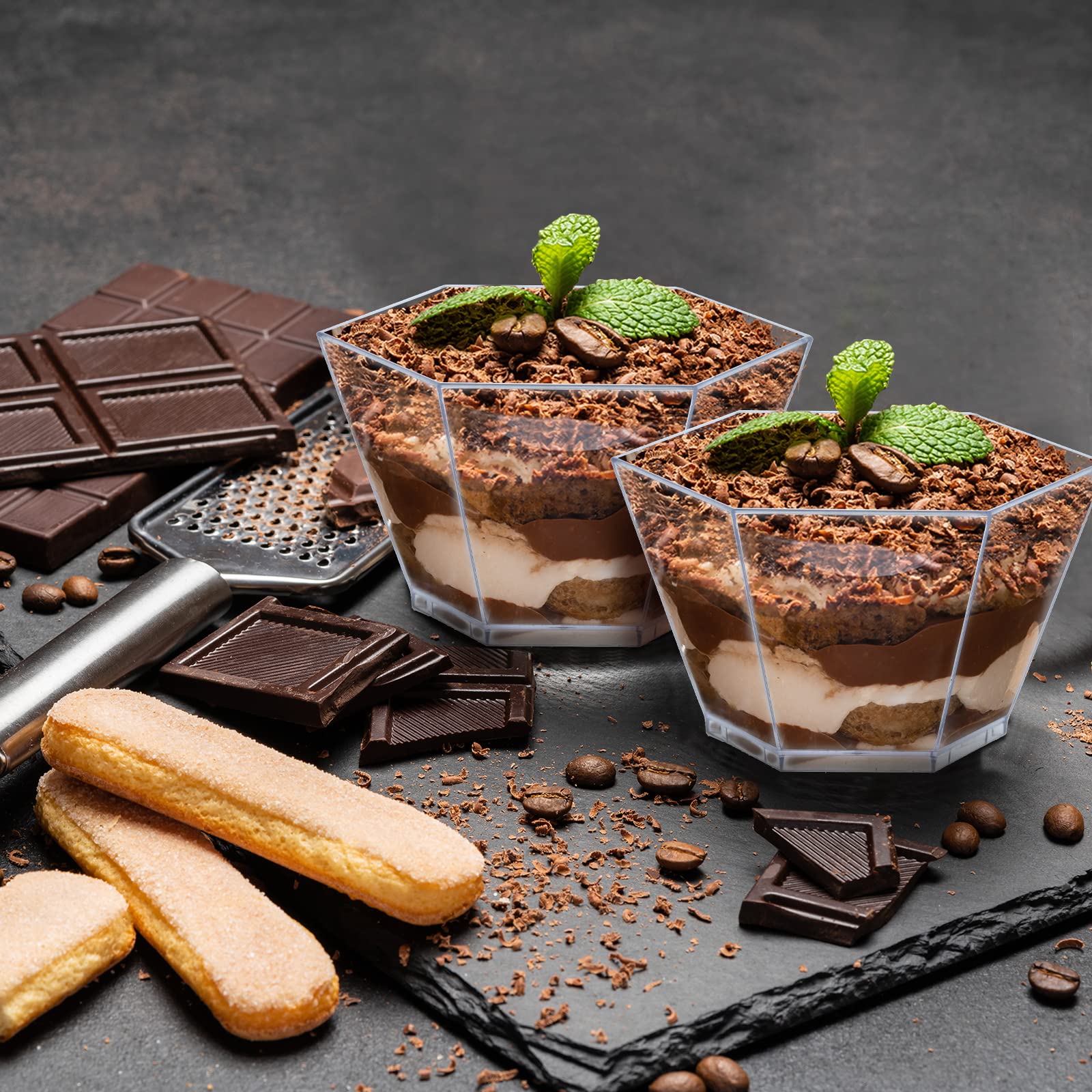 Honeydak 300-Pack Hexagonal 3.2 oz Mini Dessert Cups with Lids & Spoons - Reusable Plastic Tasting Cups for Parfait, Pudding, Appetizers, Party Favors - Perfect for Catering, Wedding, Baby Shower & Dessert Bars