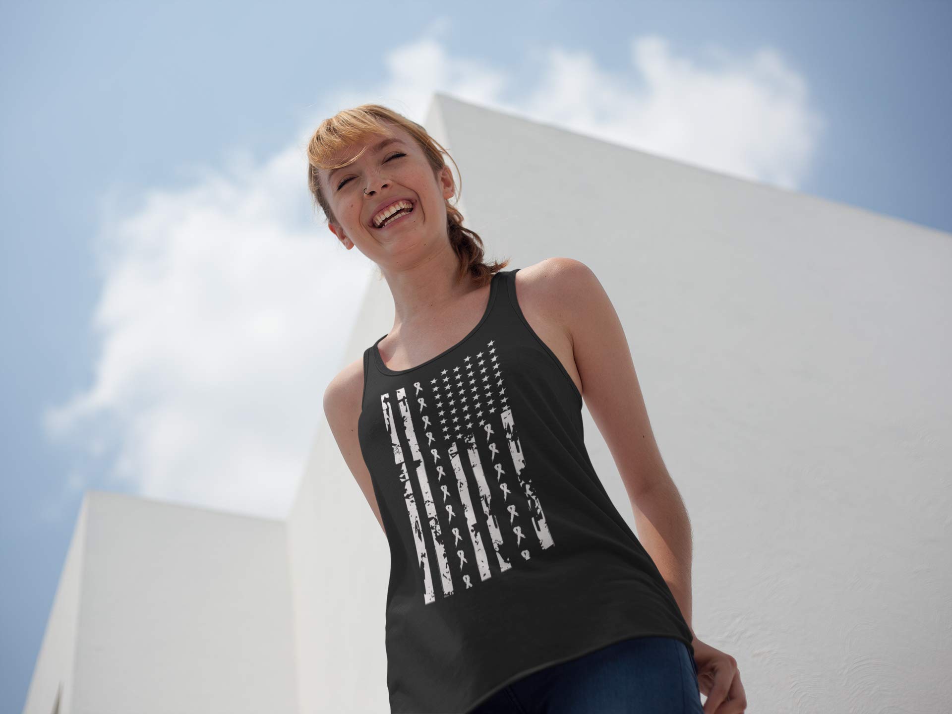 Kropsis White Breast Cancer Awareness Ribbon Flag Racerback Tank Top for Women - Perfect for Fundraising Events, Walks, and Supportive Casual Wear