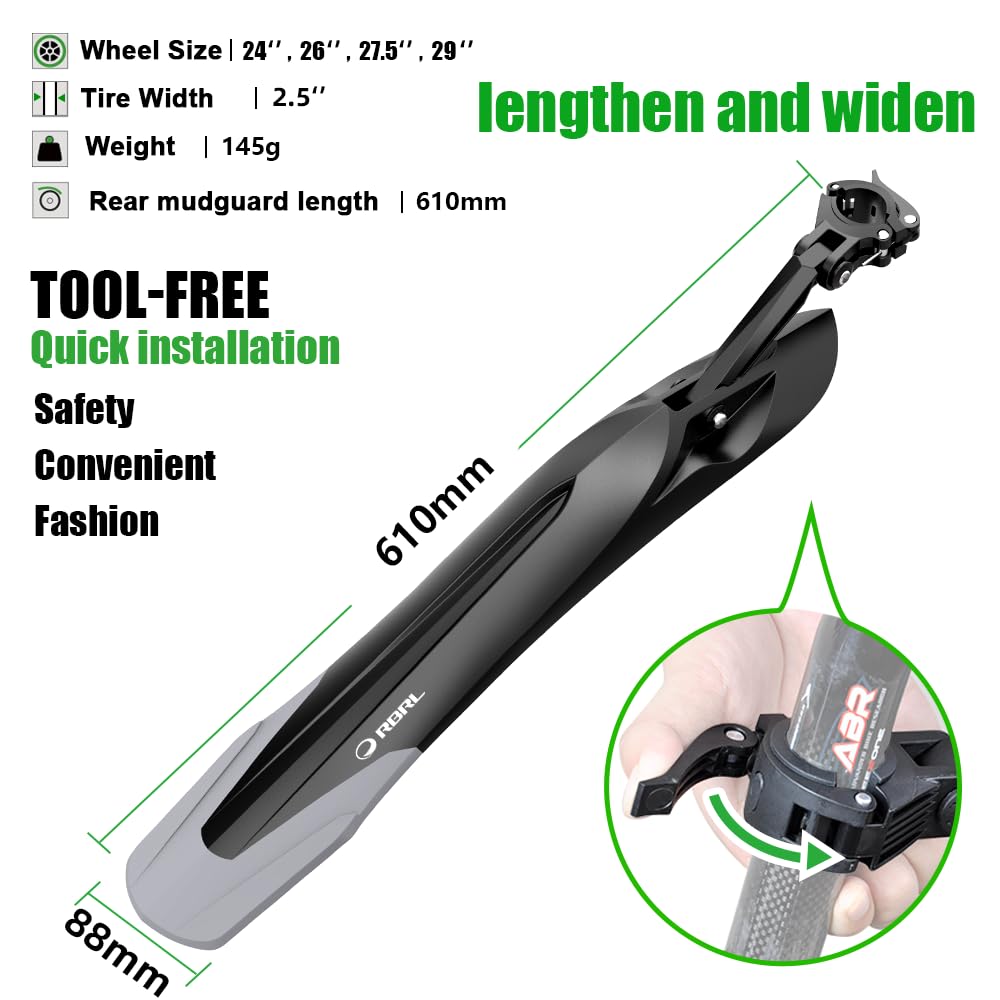 RBRL Adjustable Bike Fender 24-29 Inch - Universal Quick Release Mudguard for Bicycle, Ebike & MTB - Thickened Wide Rear Fender Protects Against Water Splash & Dirt - Perfect for Commuting, Mountain Biking & Wet Weather Riding