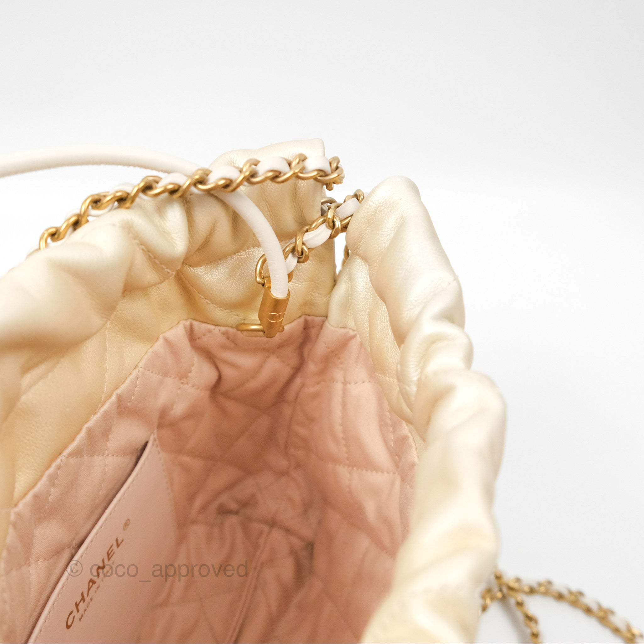 Chanel 22 Mini Bag Iridescent Light Pearly Calfskin with Aged Gold Hardware - Luxury Crossbody Purse for Women, Perfect for Parties, Date Nights & Special Occasions