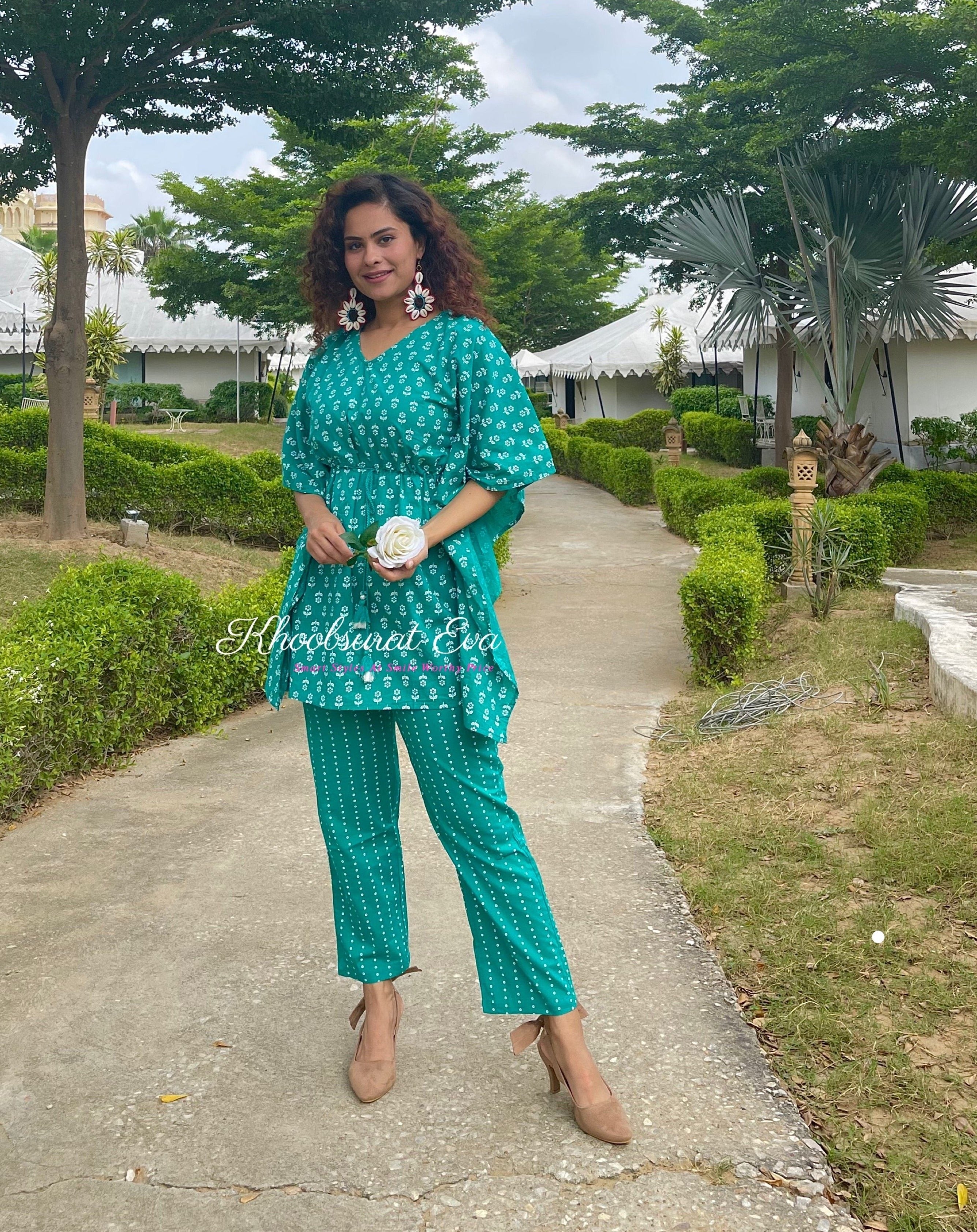 Stylish Green Printed Cotton Kaftan Co-Ord Set for Women - Summer Beachwear & Boho Outfit for Vacations, Pool Parties, and Relaxing at Home
