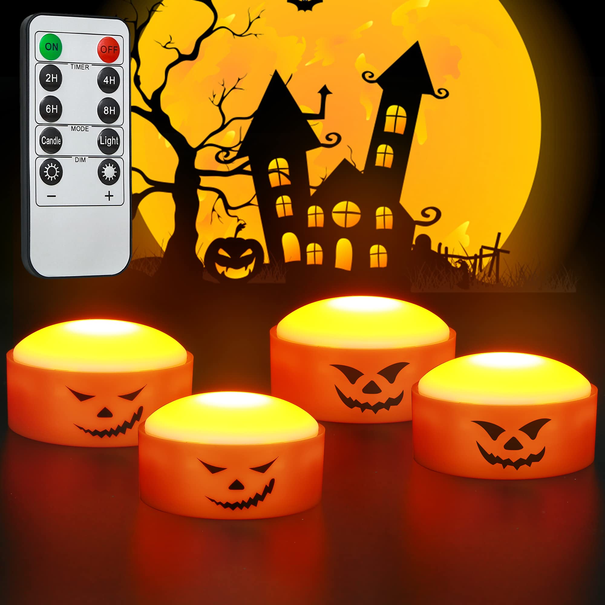 4-Pack Halloween Pumpkin LED Lights with Remote Timer - Battery Operated Flameless Jack-O-Lantern Tea Lights for Outdoor Decorations (Orange) | Perfect for Porch, Yard, and Halloween Party Decor