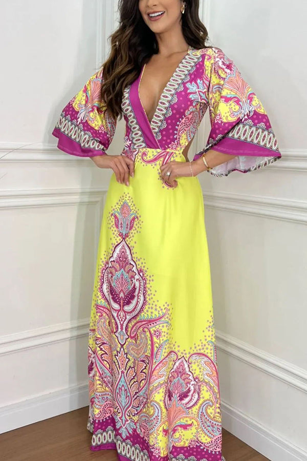 Elegant Palace Style Print Bell Sleeve Backless Maxi Dress for Women | Flowy Vacation & Beach Dress | Perfect for Summer Parties, Weddings & Tropical Getaways