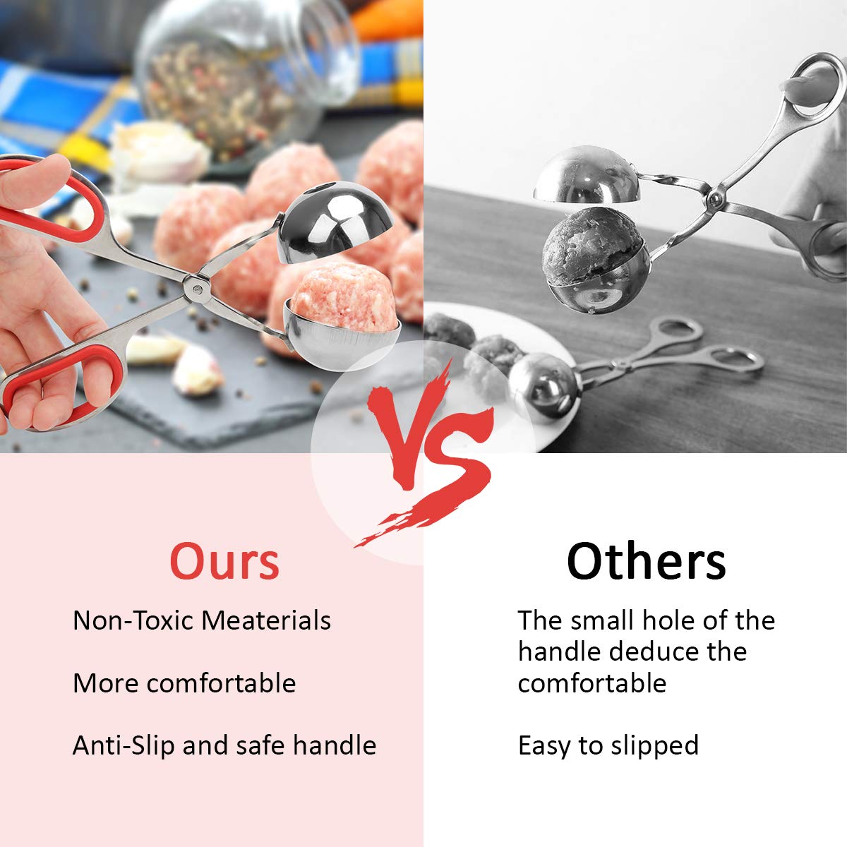 AHIER 2-Piece Non-Stick Meatball Maker Set with Detachable Anti-Slip Handles - Stainless Steel Meatball Scoop & Cake Pop Tool (1.38