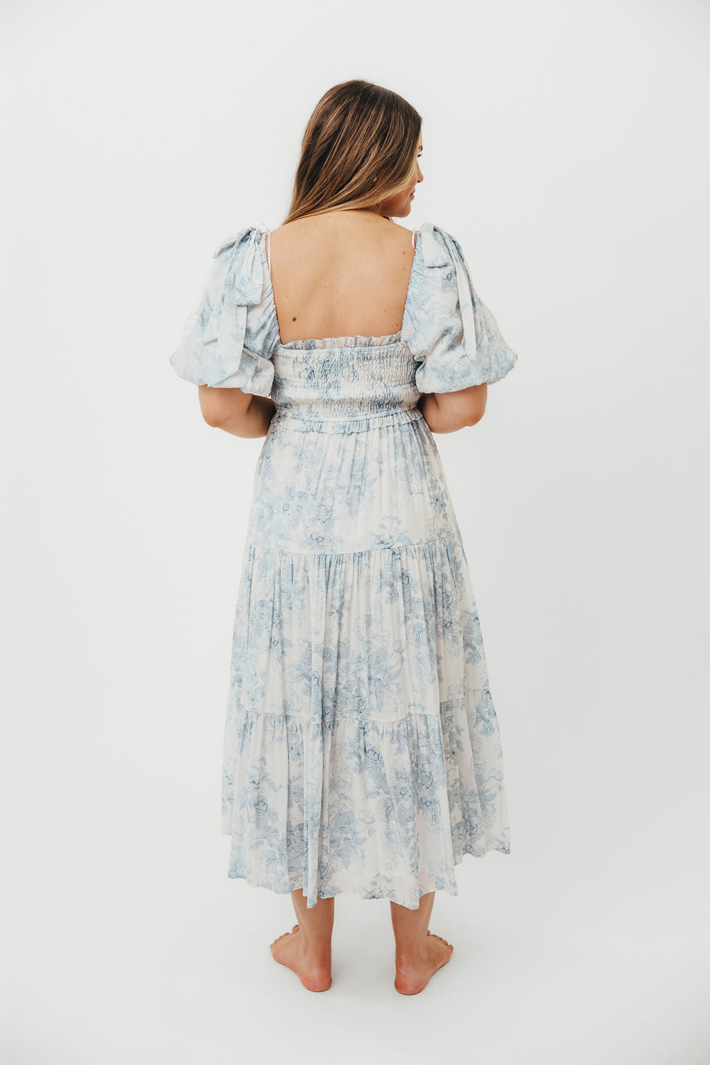 Elena Floral Print Smocked Maternity Midi Dress in Blue | Bump Friendly & Inclusive Sizing | Perfect for Baby Showers, Maternity Photos & Summer Weddings