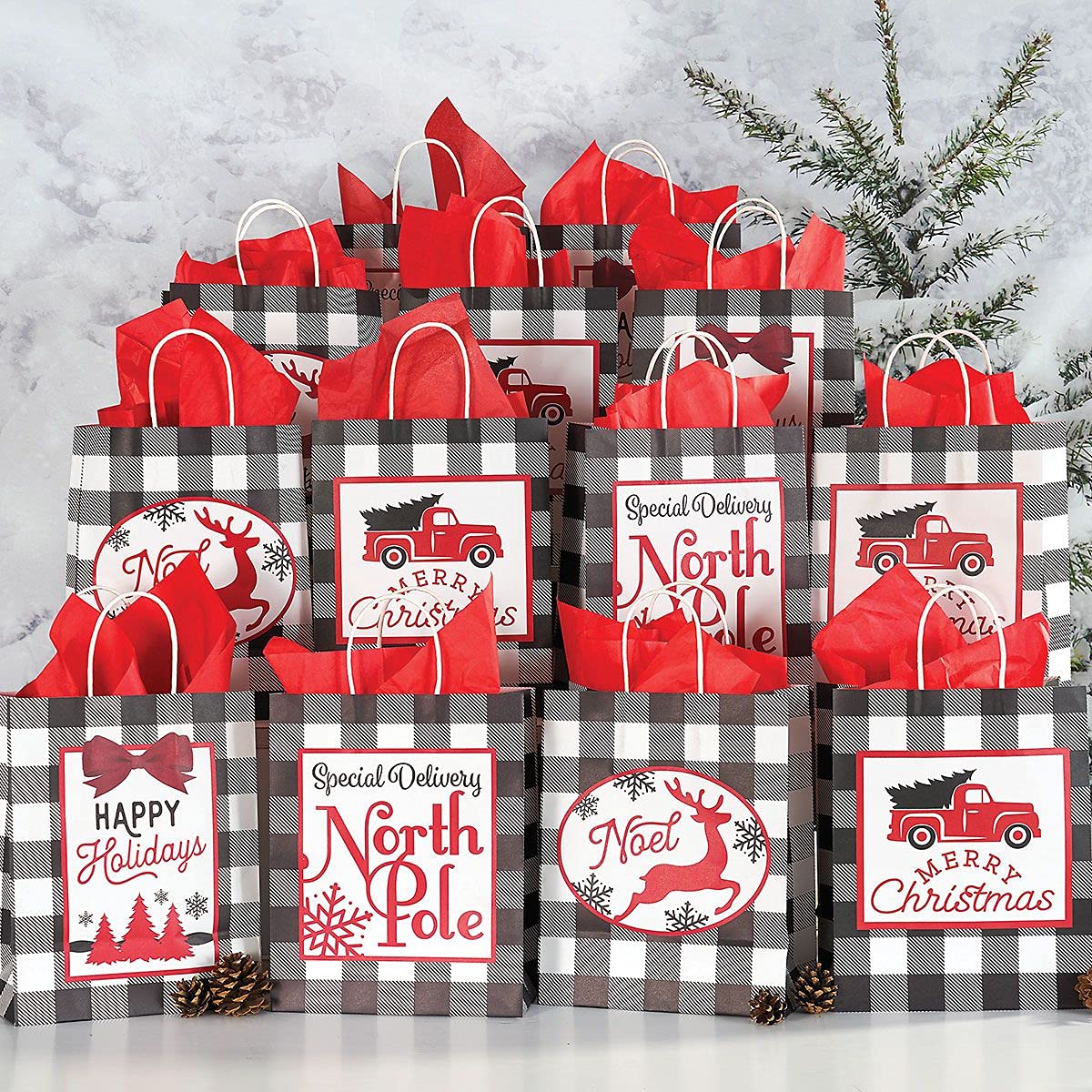 Black and White Holiday Gift Bags Set of 13 - 4 3/4