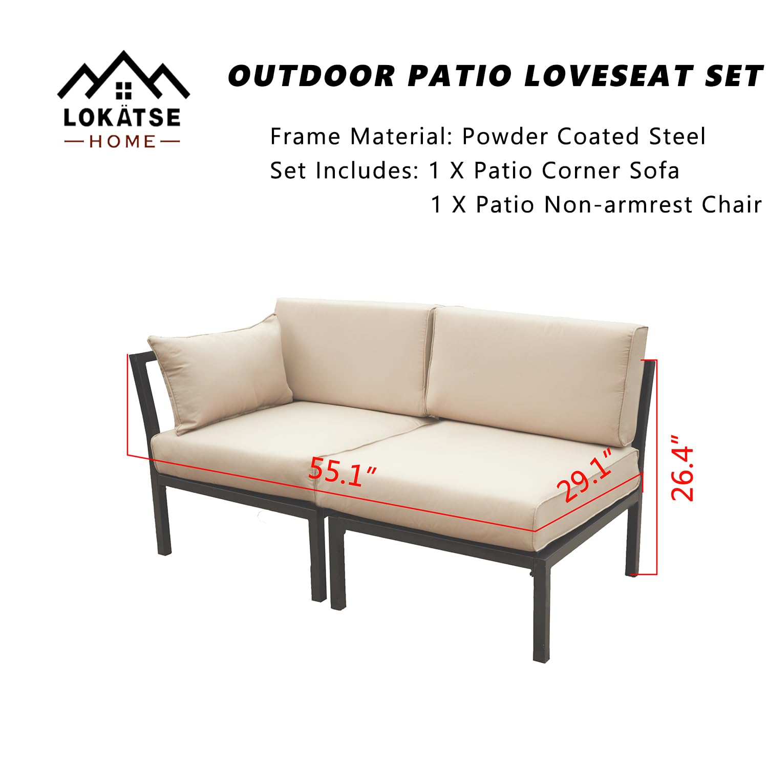 LOKATSE HOME 2-Piece Outdoor Patio Furniture Set - Corner Sofa & Armless Chair Conversation Set in Khaki | Perfect for Backyard, Garden, Poolside & Patio Relaxation