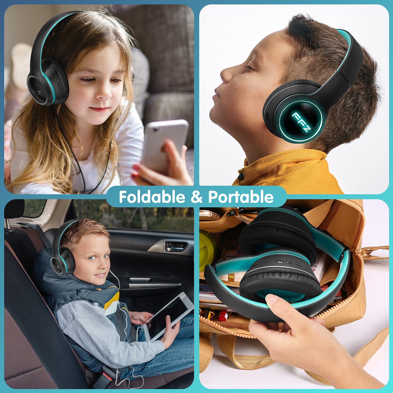 FFZ Kids Wireless Headphones with LED Lights - Bluetooth 5.0 Over-Ear Headset with Built-in Mic, Foldable Design & Soft Earpads for Boys & Girls - Ideal for School, Travel, Airplane, iPad & Home Use (Black)