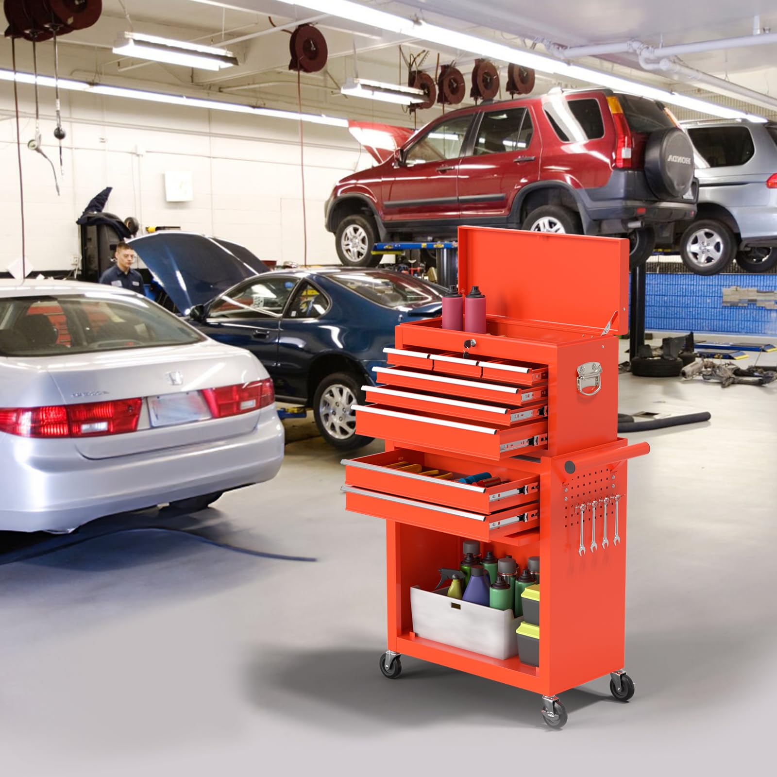 8-Drawer Rolling Tool Chest with Wheels - Heavy Duty Detachable Mechanic Tool Box with Lockable Drawers - Metal Tool Cabinet Organizer for Garage, Workshop, Warehouse & Auto Repair - Perfect for Professional Mechanics & DIY Home Projects (Red)