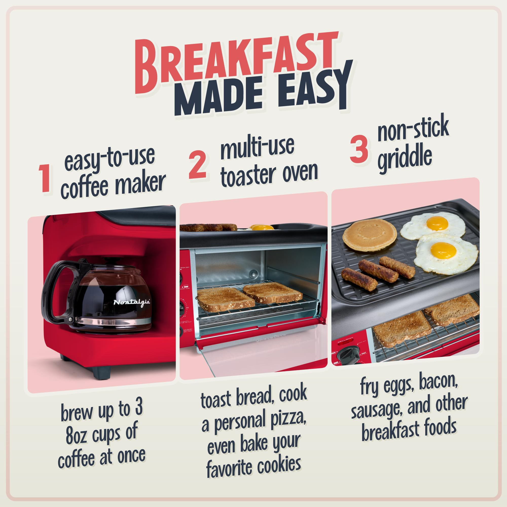 Nostalgia 3-in-1 Breakfast Station with Coffee Maker, Non-Stick Griddle & 4-Slice Toaster - Versatile Kitchen Appliance with Timer - Perfect for Home, Office or Dorm Room - Red