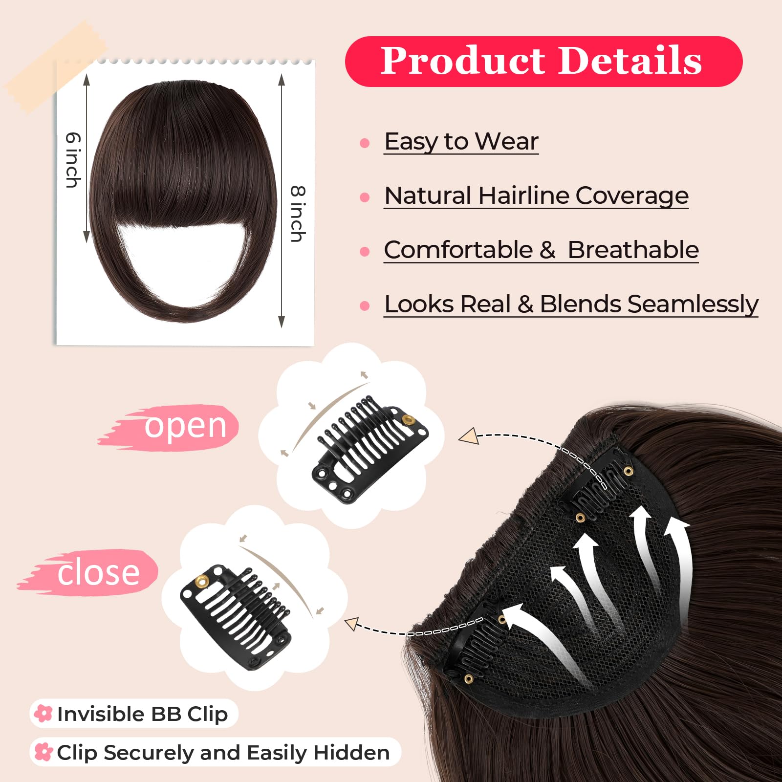 Clip-In Bangs Hair Extensions for Women - Thick French Wispy Fake Fringe with Temples, Medium Brown | Perfect for Daily Wear, Styling & Volume Boost
