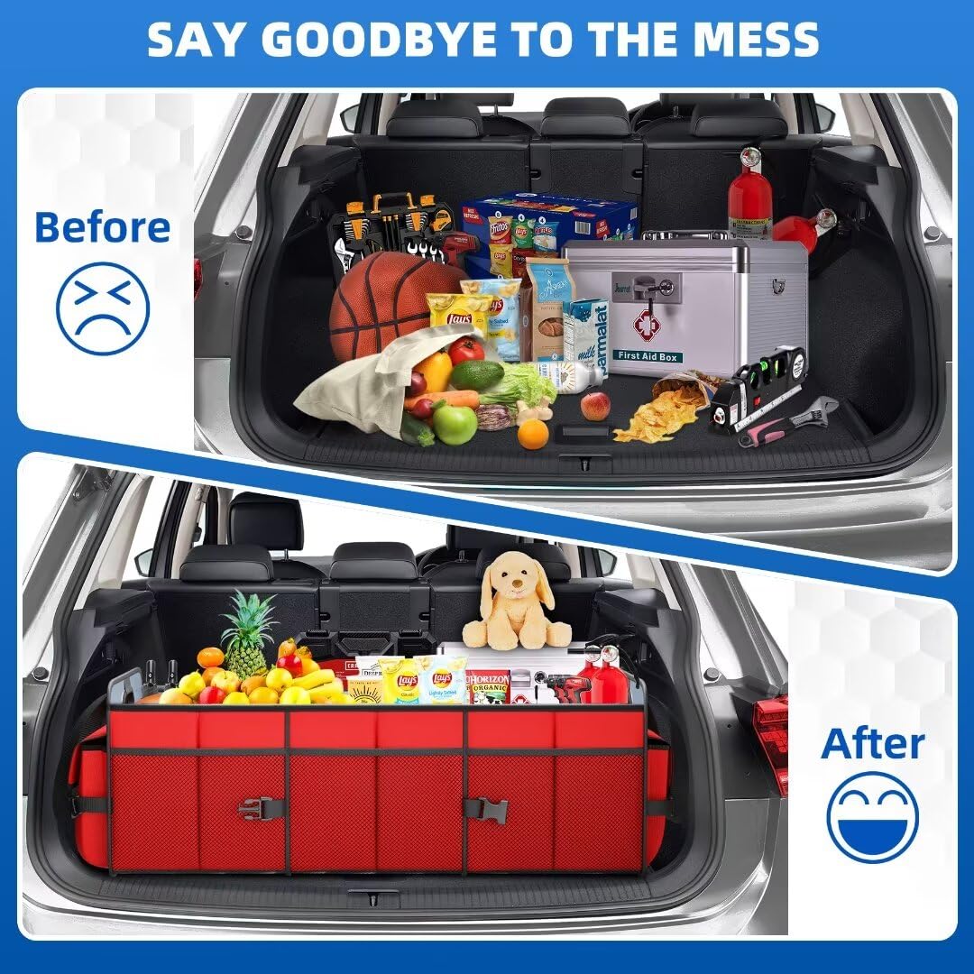 Upgraded Collapsible Car Trunk Organizer with 3 Large Compartments & Tool Grips - Portable SUV Truck Cargo Storage with Reinforced Handle (Red) - Perfect for Road Trips, Grocery Hauling & Sports Equipment Storage
