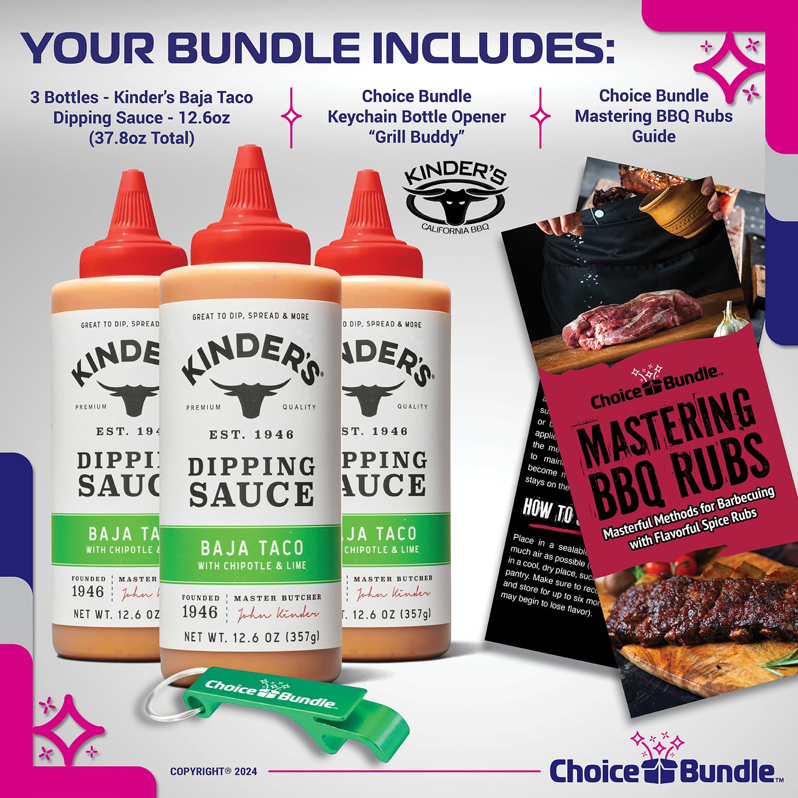 ChoiceBundle Kinder's Baja Taco Sauce with Chipotle Lime Dipping & Wing Sauce - 3 Pack (37.8 oz) | Perfect for Tacos, Wings, Burgers & More | Includes BBQ Guide & Keychain Bottle Opener (5 Items)
