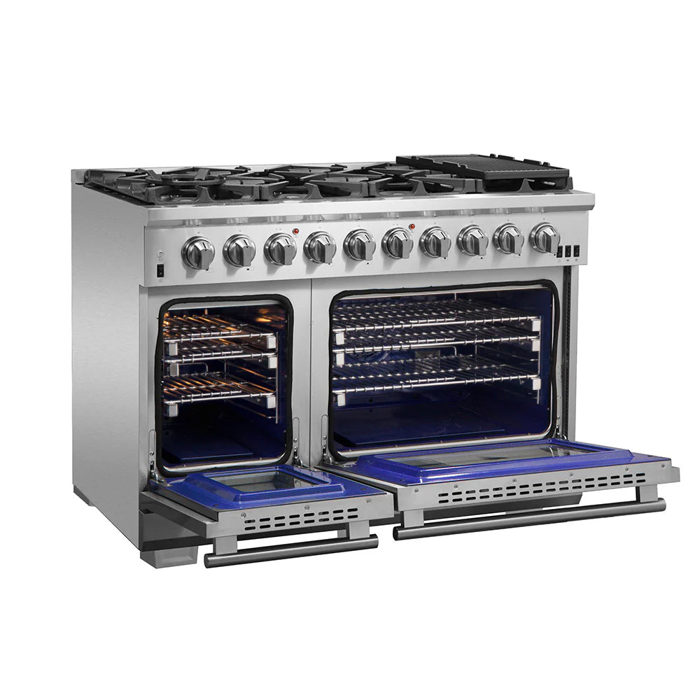 48 Inch Professional Gas Range with Wall Mount Range Hood & FBDL 019 05US Refrigerator - Complete Forno Appliance Package for Modern Kitchen | Perfect for Home Chefs & Entertaining
