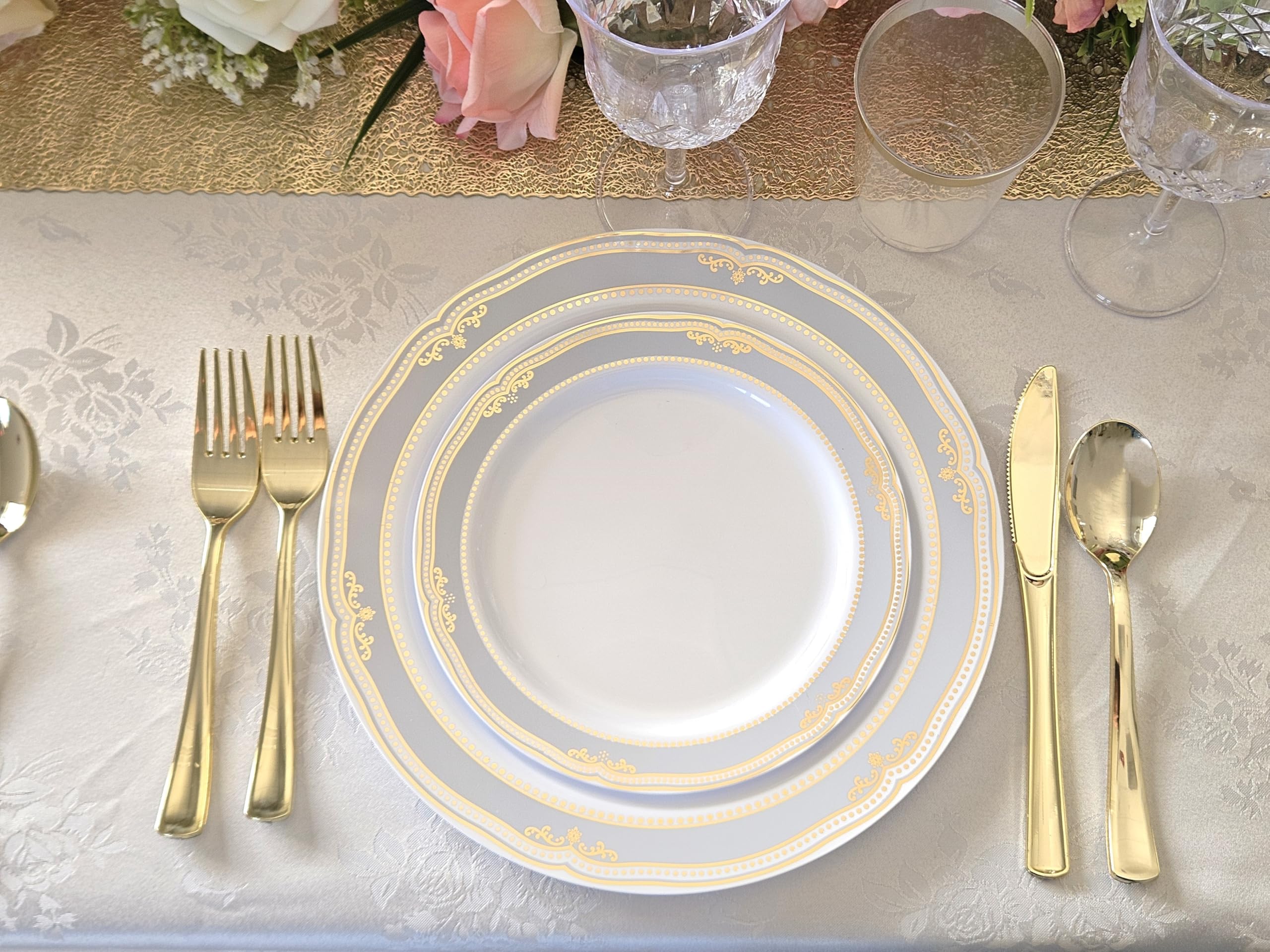 60-Piece Disposable Plastic Plates & Bowls Set - 12oz Scalloped Soup Bowls for Weddings, Parties & Events (White/Blue & Gold) - Perfect for Catering, Picnics & Family Gatherings