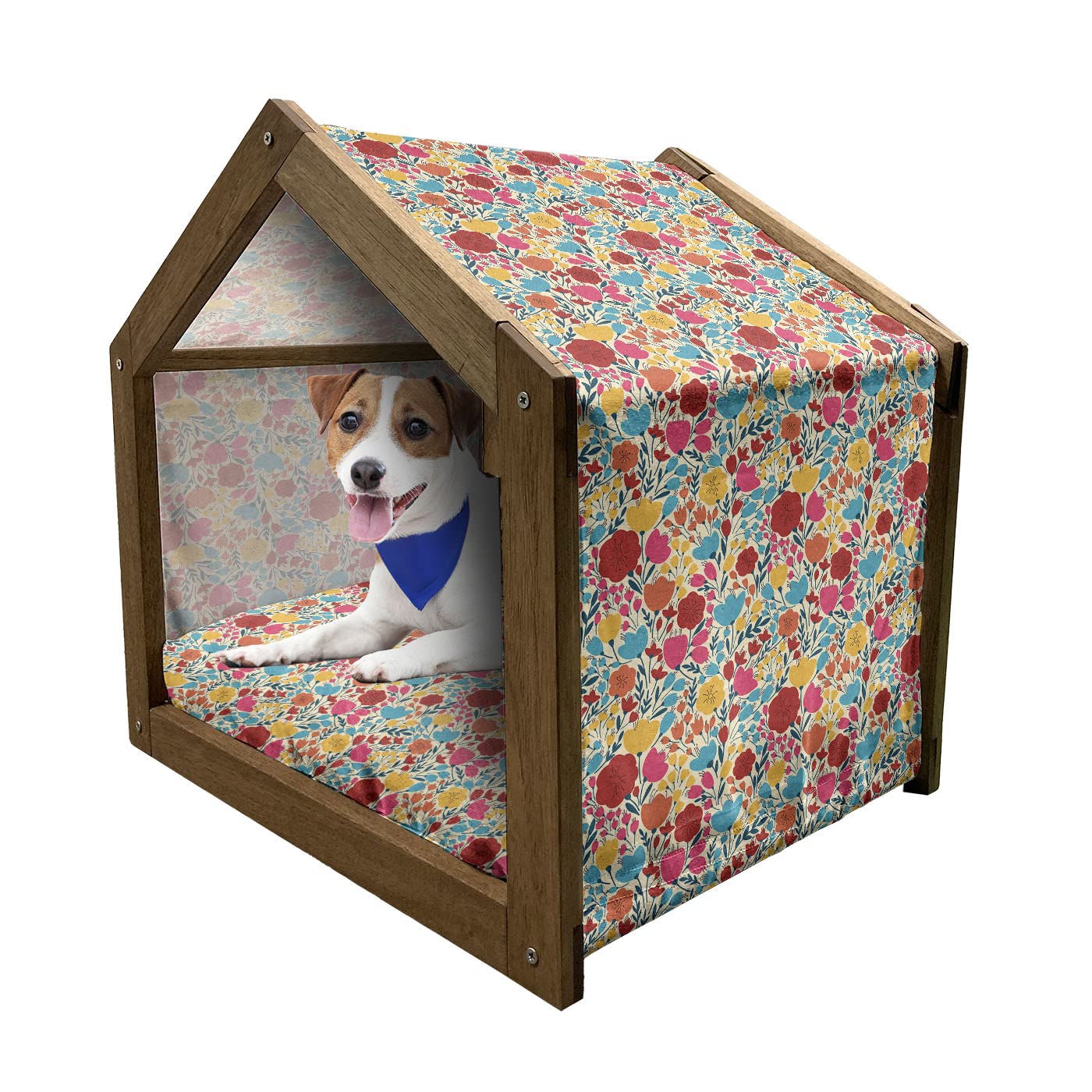 Ambesonne Colorful Wooden Pet House - Spring Garden Inspired Dog Kennel with Pillow & Cover, Indoor/Outdoor Portable Small Dog House for Puppies, Perfect for Backyard, Patio or Living Room Decor