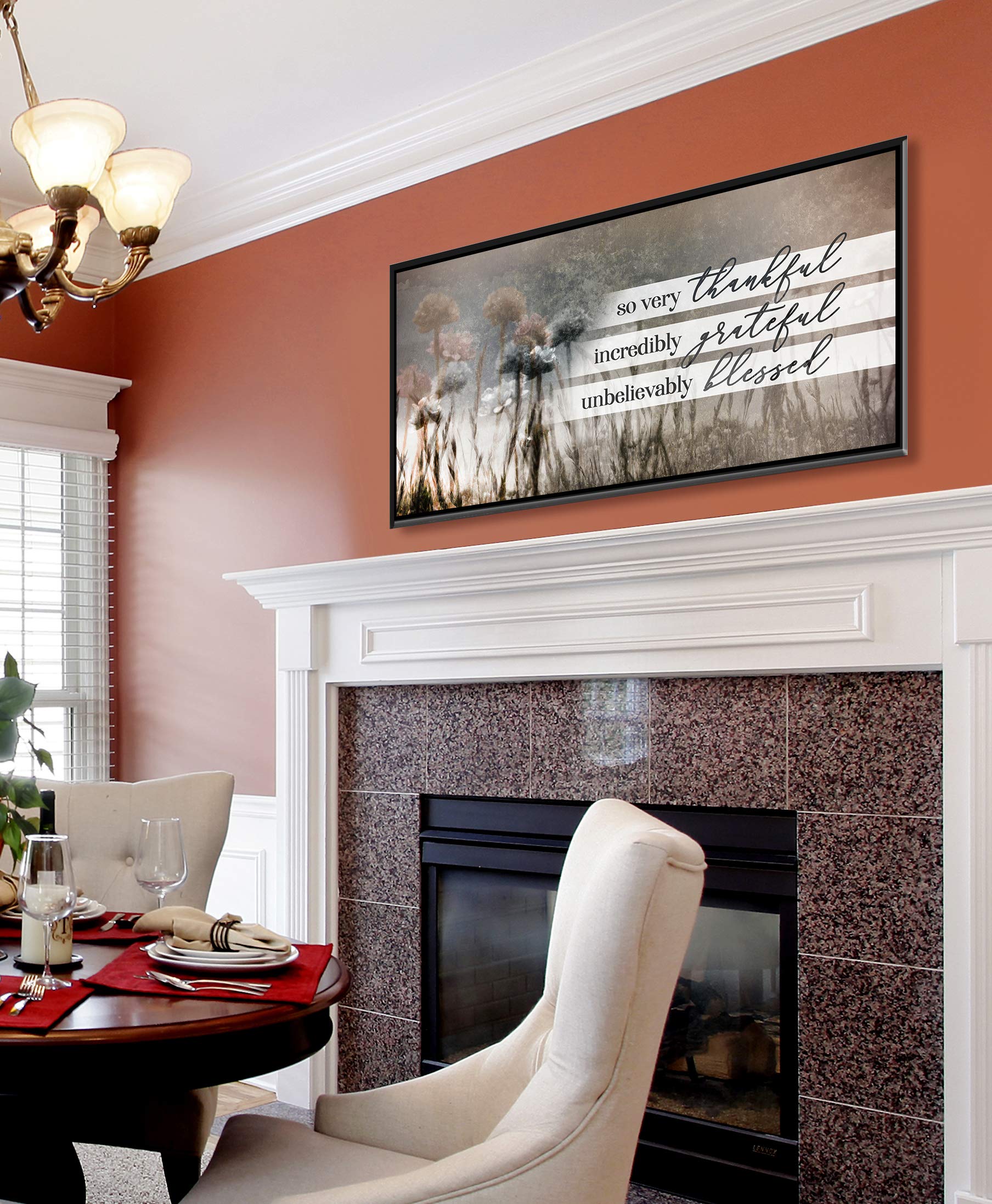 Rustic Dandelion Wall Art - So Very Thankful Blessed Religious Canvas Print with Black Floating Frame (42x19 inches) | Nature Inspired Home Decor for Living Room, Bedroom & Office