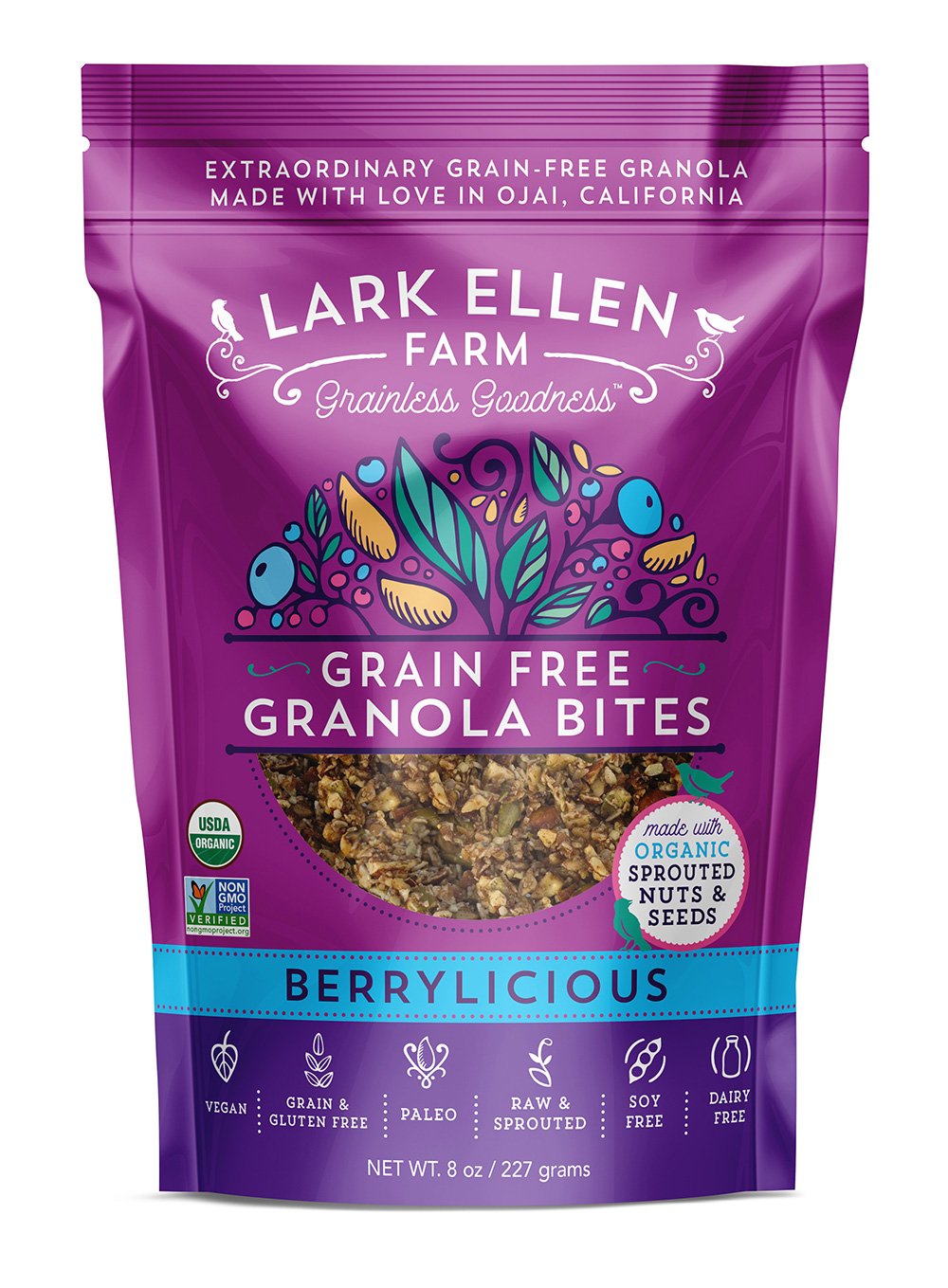 Organic Vegan Paleo Granola Bites - Grain Free, Sprouted Nuts & Seeds - Perfect for Healthy Snacking & Breakfast (Berrylicious, 8oz)