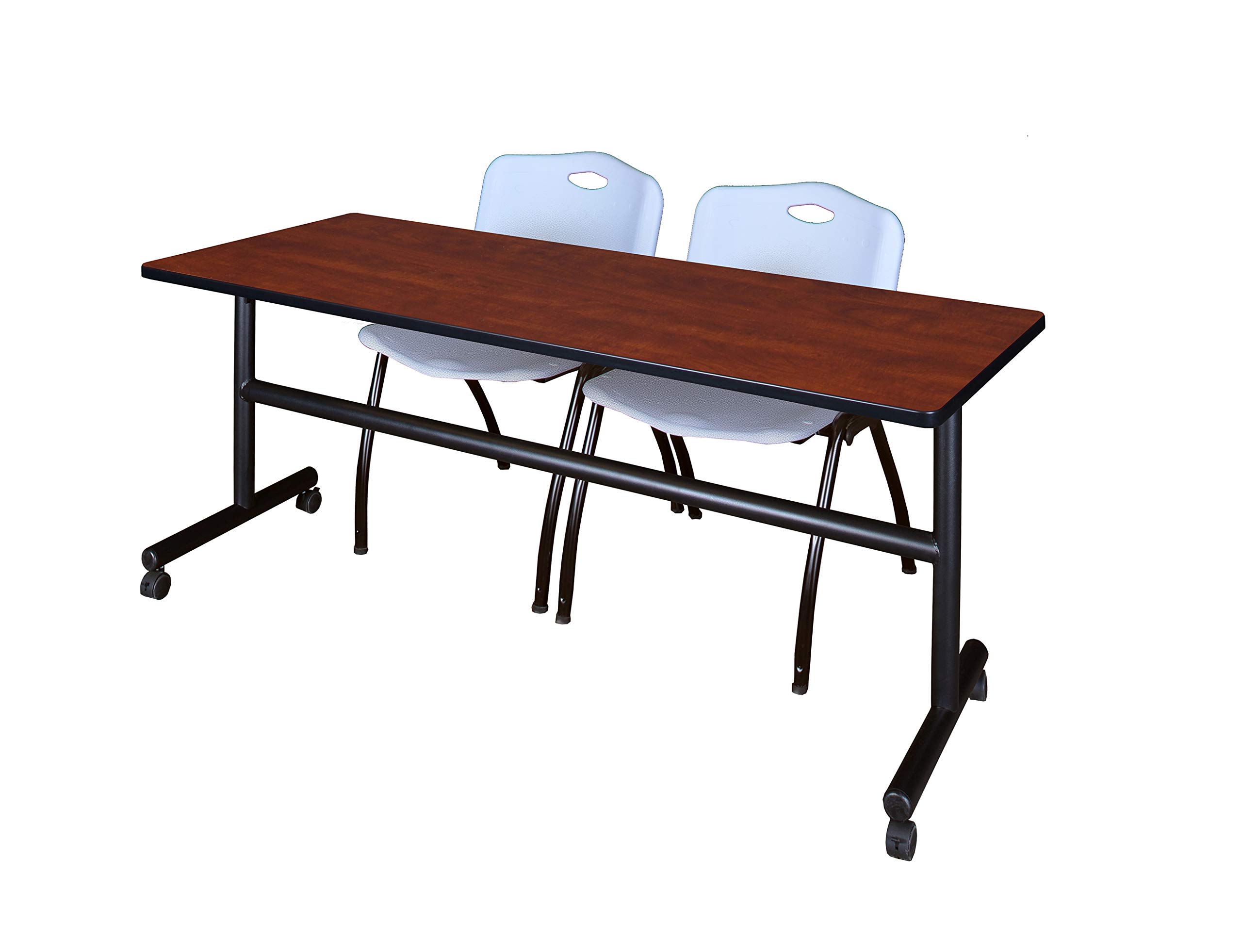 Kobe 72 Inch Flip Top Mobile Training Table with Cherry Finish & 2 'M' Stack Chairs in Grey - Portable Folding Table for Office, Classroom, Conference Room, and Home Use