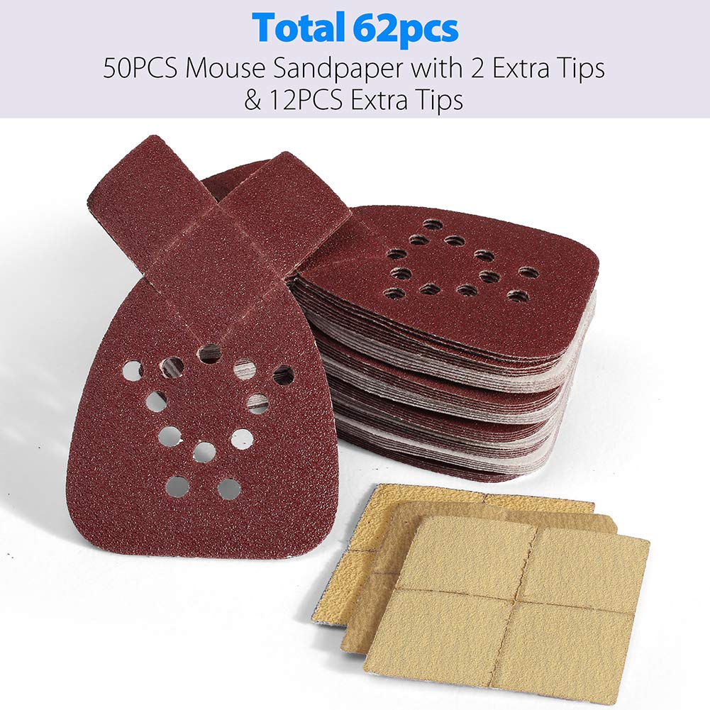 50PCS Sanding Sheets for Black & Decker Mouse Sanders - 60/80/120/150/220 Grit Hook & Loop Sandpaper Assortment with Extra Tips - Replacement Sanding Pads for Woodworking, Furniture Refinishing & DIY Projects