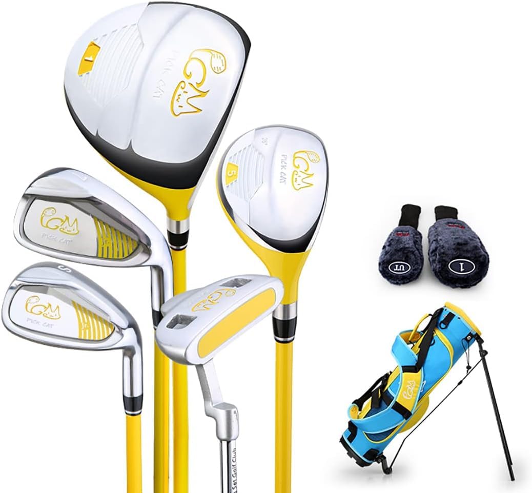 PGM Junior Golf Club Set for Kids - 5 Golf Clubs with Stand Bag & 2 Headcovers (Right Hand) - Perfect for Boys & Girls Learning Golf | Ideal for Backyard Practice, Driving Range & Junior Tournaments