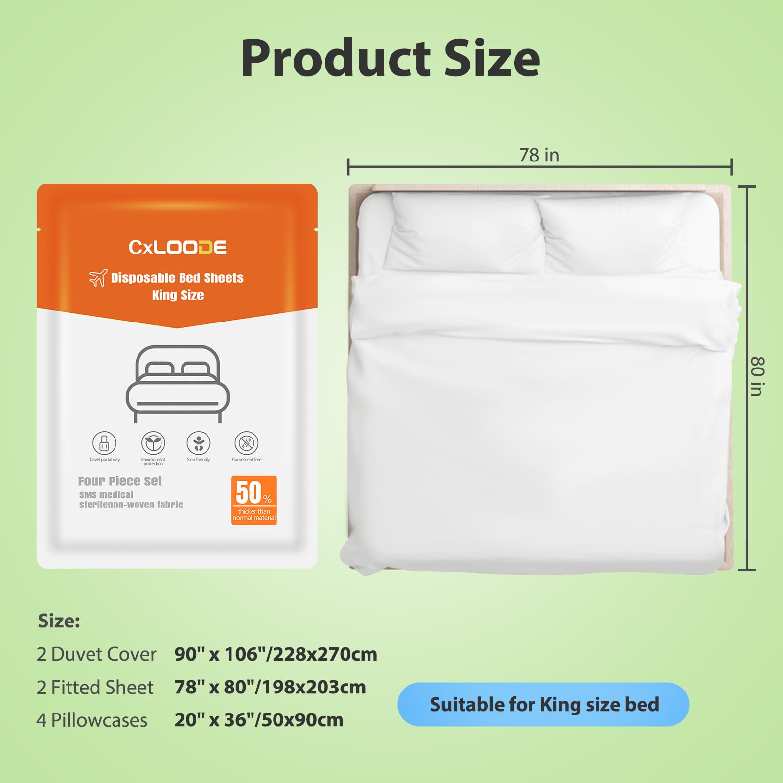 2 Pack King Size Disposable Fitted Bed Sheets - Waterproof Travel Bedding Set with Quilt Cover & Pillowcase for Hotels, Hospitals, Camping - Hygienic Single-Use Sheets for Travel, Airbnb, Dormitory & Emergency Use