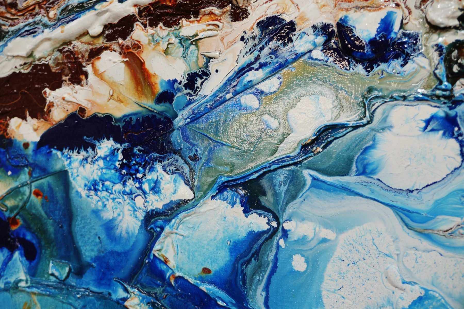 Blue Silk 240cm x 100cm Brown Blue White Textured Abstract Wall Art Painting - Modern Home Decor for Living Room, Bedroom & Office