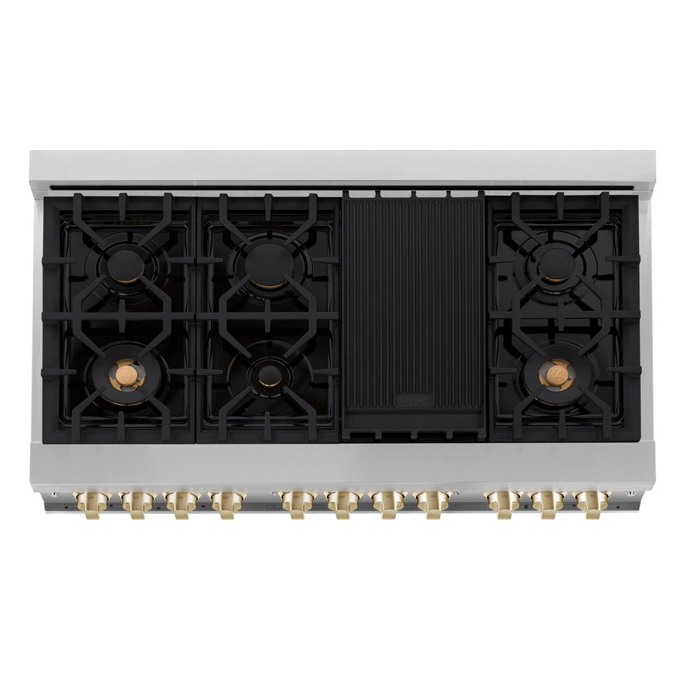 ZLINE Autograph Edition 48-inch Stainless Steel Kitchen Package - Dual Fuel Range, Range Hood, Dishwasher & Refrigerator with External Water Dispenser & Polished Gold Accents | Luxury Kitchen Appliances for Modern Homes & Professional Chefs