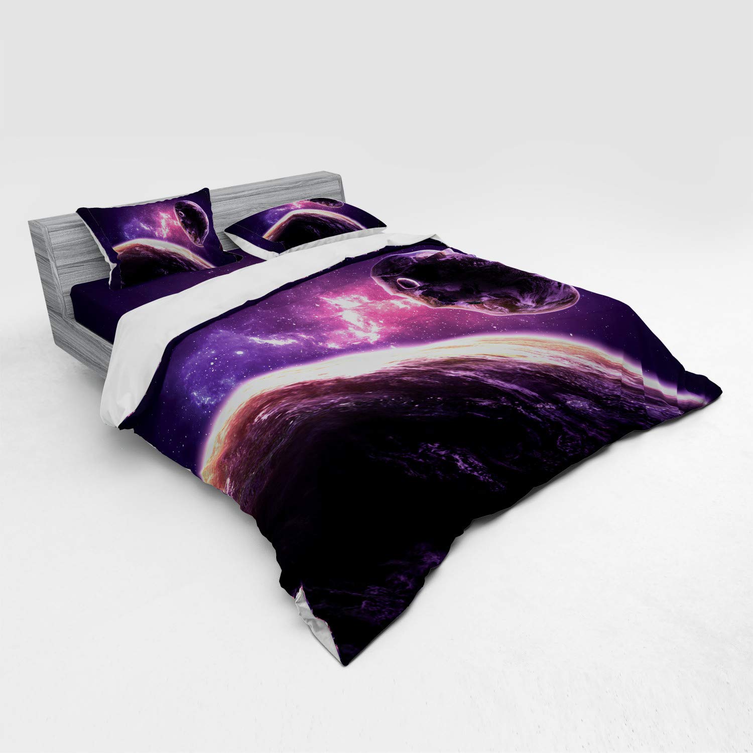 Ambesonne Galaxy Bedding Set - King Size 4-Piece Duvet Cover with Shams & Fitted Sheet | Purple Nebula Celestial Comet Astronomy Print | Soft Microfiber Bedding for Space-Themed Bedroom Decor