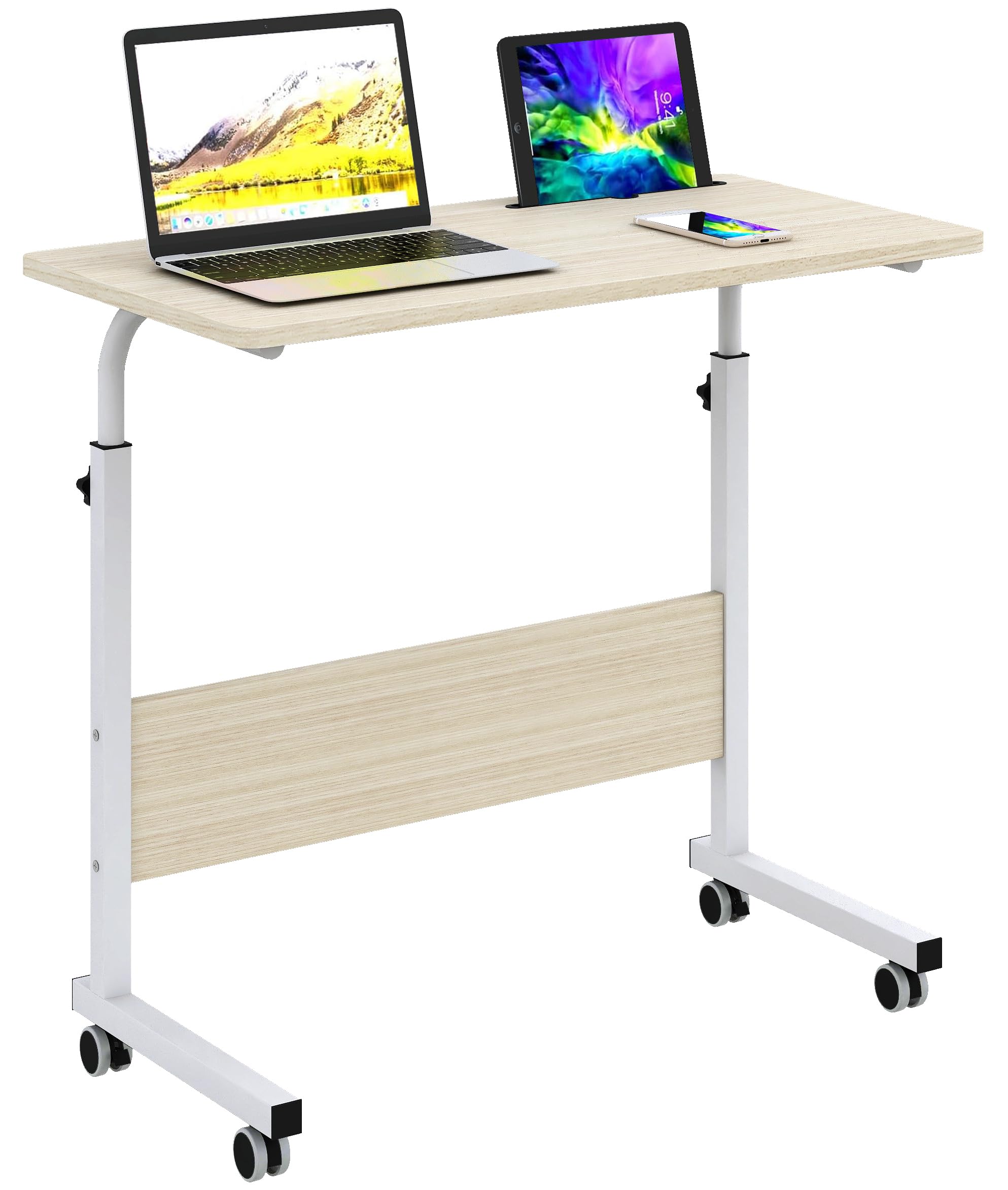 Soges Furniture 31.5 Inch Mobile Side Table with Tablet Slot & Wheels, Adjustable Laptop Desk for Bed & Sofa, Maple Finish – Perfect for Home Office, Living Room, and Small Spaces