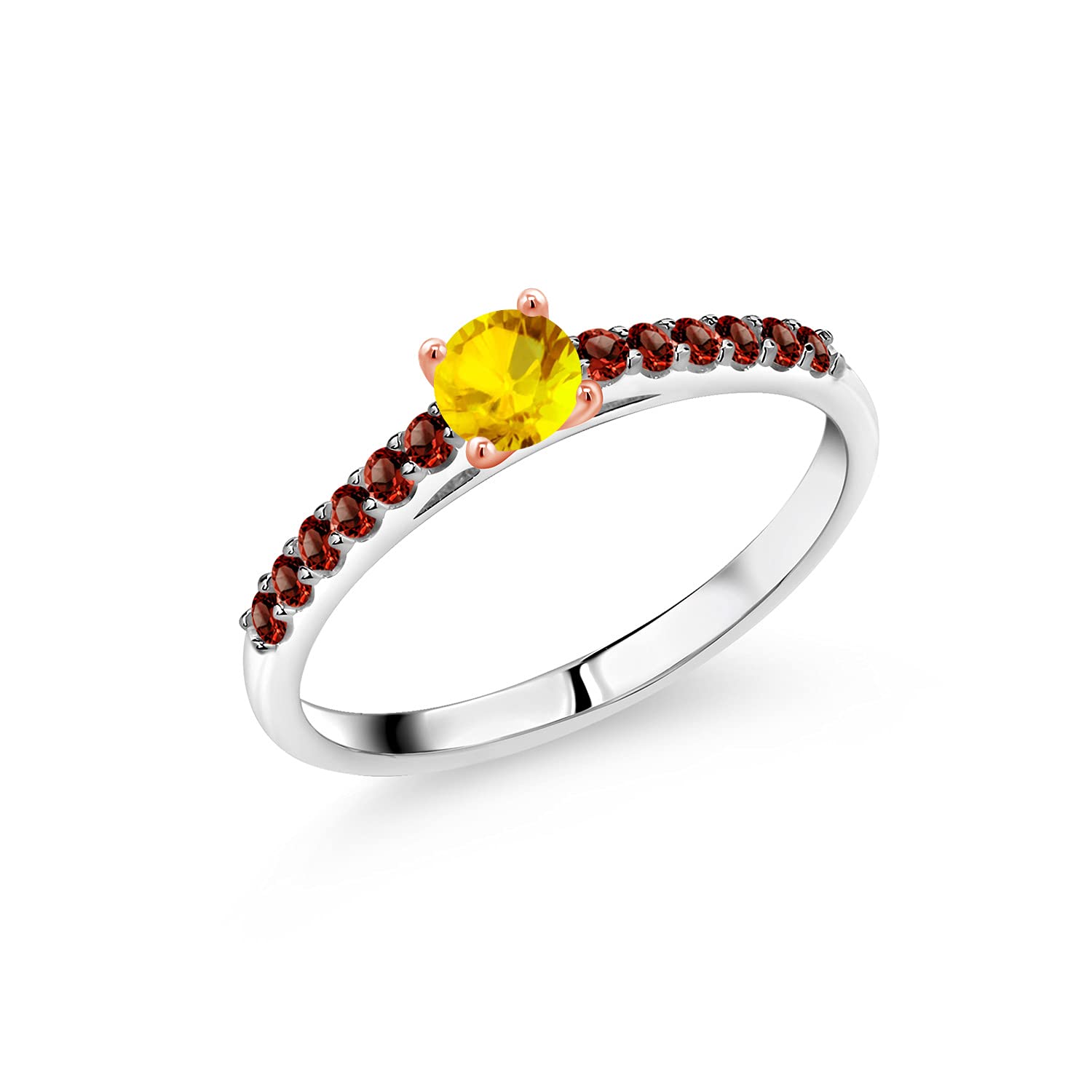 0.60 Ct Natural Yellow Sapphire & Red Garnet 10K White Gold Ring with Rose Gold Prongs - Elegant Birthstone Jewelry for Women, Perfect for Anniversary, Engagement & Everyday Wear