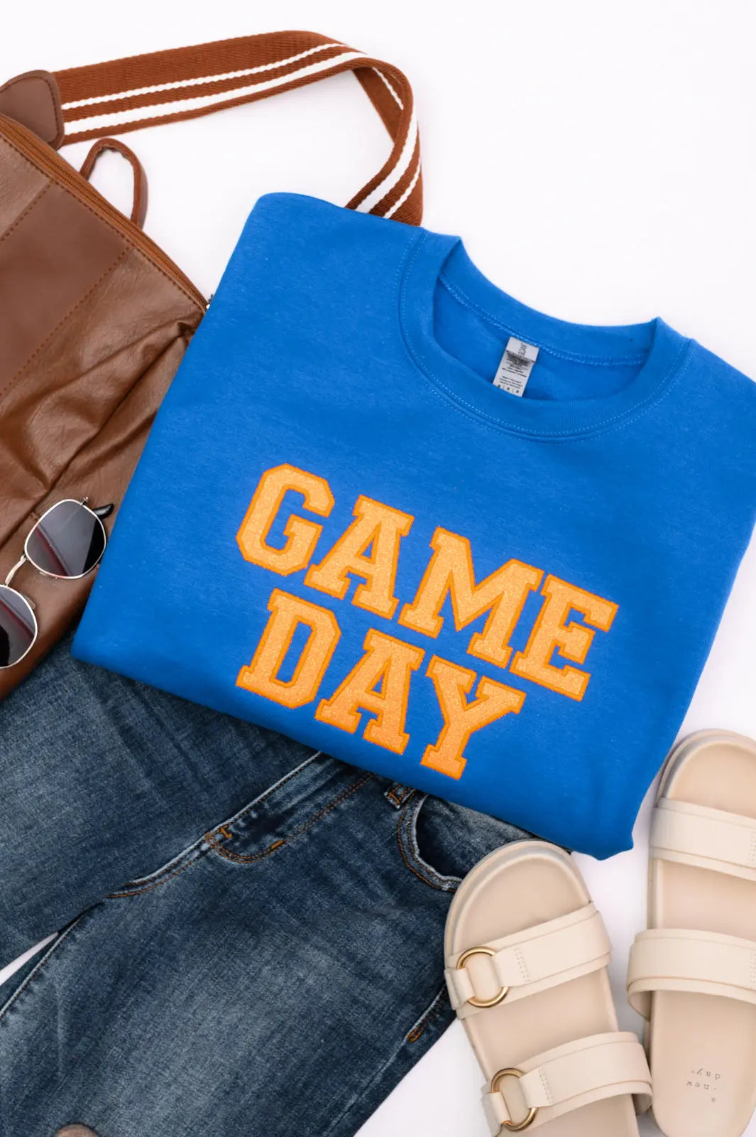 PREORDER: Embroidered Glitter Game Day Sweatshirt - Royal Blue & Orange | College Football, Tailgating, Sports Fan Apparel