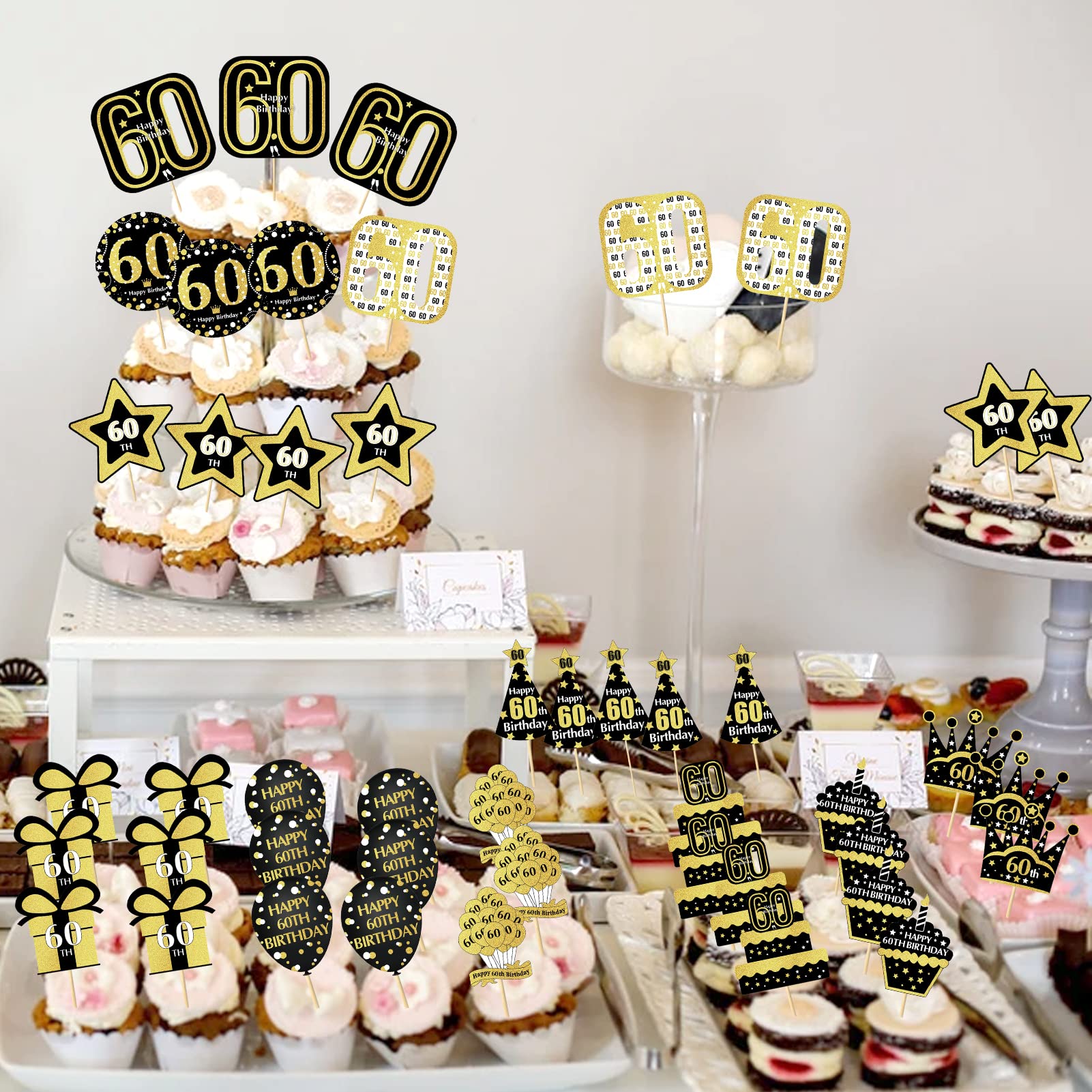 48pcs Gold 60th Birthday Cupcake Toppers Decorations for Men & Women - Happy Sixty Birthday Cake Topper Party Supplies - Perfect for Anniversary Celebrations, Retirement Parties & Milestone Events