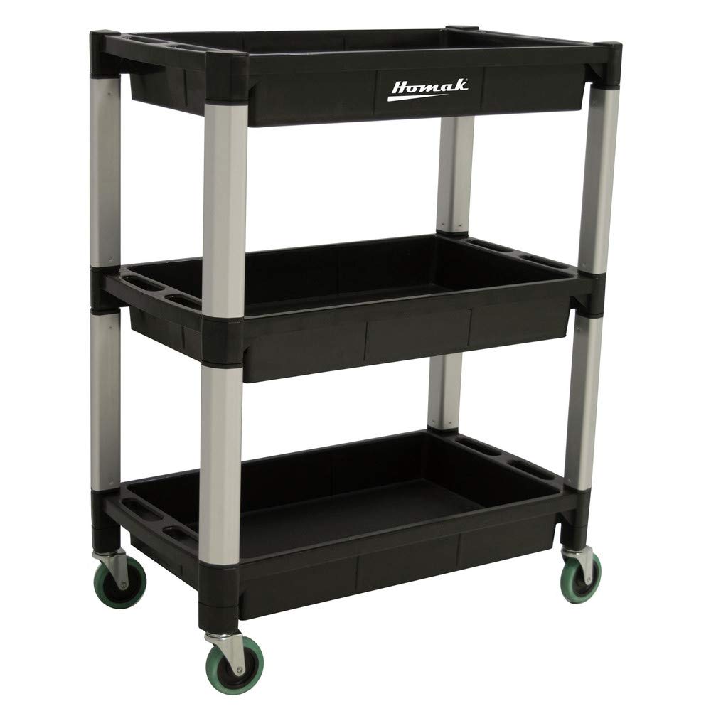 Homak 3-Tier Plastic Utility Cart - 30 Inch Rolling Service Cart with Wheels for Kitchen, Office, or Workshop Organization | Heavy Duty Storage Cart for Tools, Supplies & Cleaning Equipment