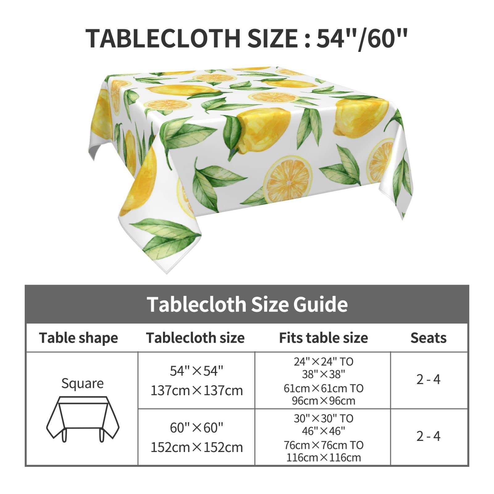 Kawani Summer Lemon Square Tablecloth 54x54 Inch - Rustic Yellow Vinyl Waterproof Table Cover for Farmhouse, Holiday, Party, Wedding & Picnic - Perfect for Outdoor Dining, Kitchen Decor and Seasonal Celebrations