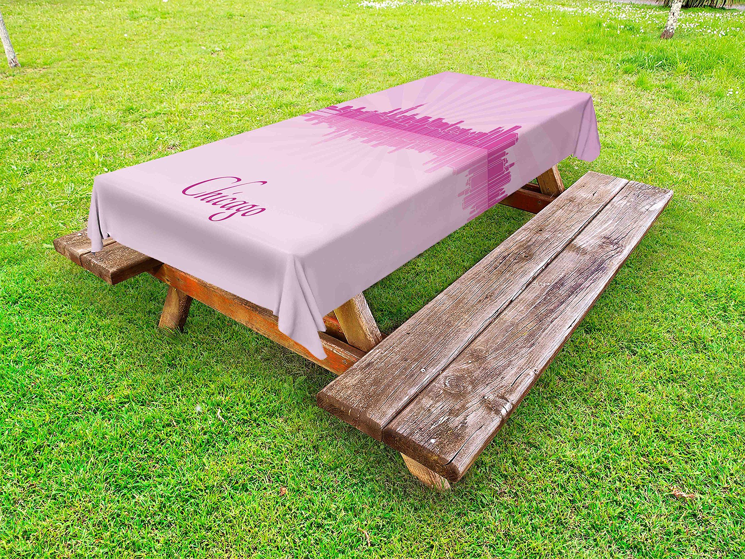 Ambesonne Chicago Skyline Outdoor Tablecloth - Soft Tone US Scenery Urban Downtown Design, Washable Picnic Table Cover 58x104 Inches in Pale Pink Fuchsia - Perfect for Backyard BBQs, Park Gatherings & Outdoor Dining