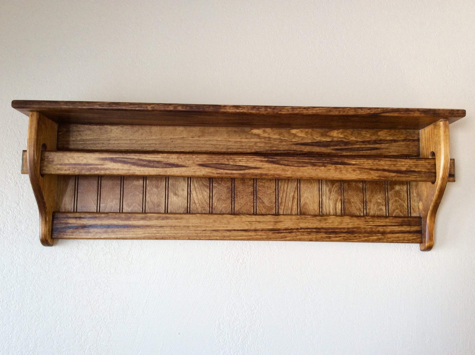 Quilt Rack Wall Mount - Wooden Blanket Display Shelf with Quilt Rod for Tapestry & Towel Storage | Rustic Home Decor for Bedroom, Living Room, Nursery | Handcrafted Stained Wood Wall Hanging Organizer